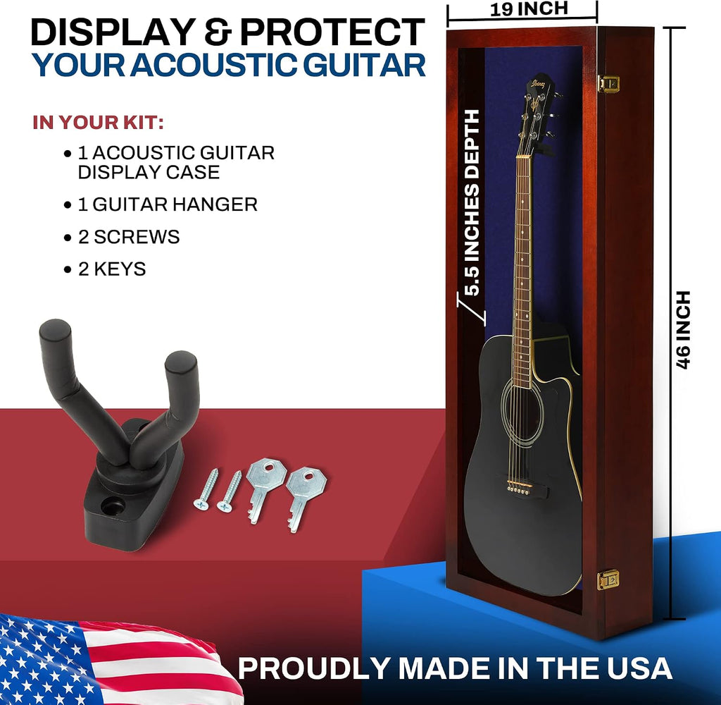 PENNZONI Acoustic Guitar Display Case - Acrylic Acoustic Guitar Case - Guitar Display Case Wall Mount Made from Hardwood Frame & Clear Acrylic - Cherry w/Felt Blue