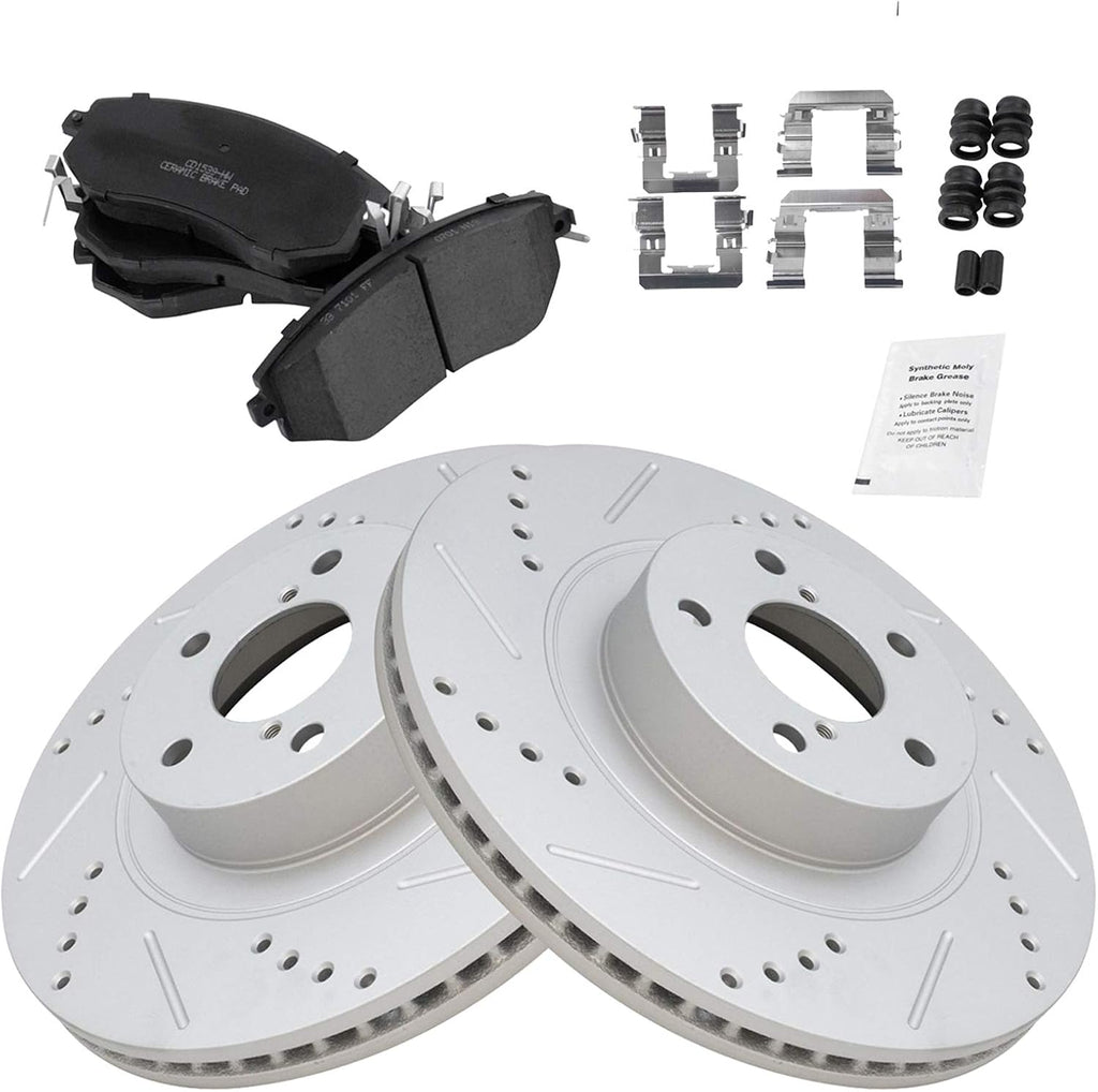 TRQ Performance Front Ceramic Brake Pad and Rotor Set Drilled Slotted Coated Compatible with 14-18 Subaru Forester 2.5i 11-14 Subaru Impreza WRX 13-14 Outback 2.5i 13-14 Legacy 2.5i