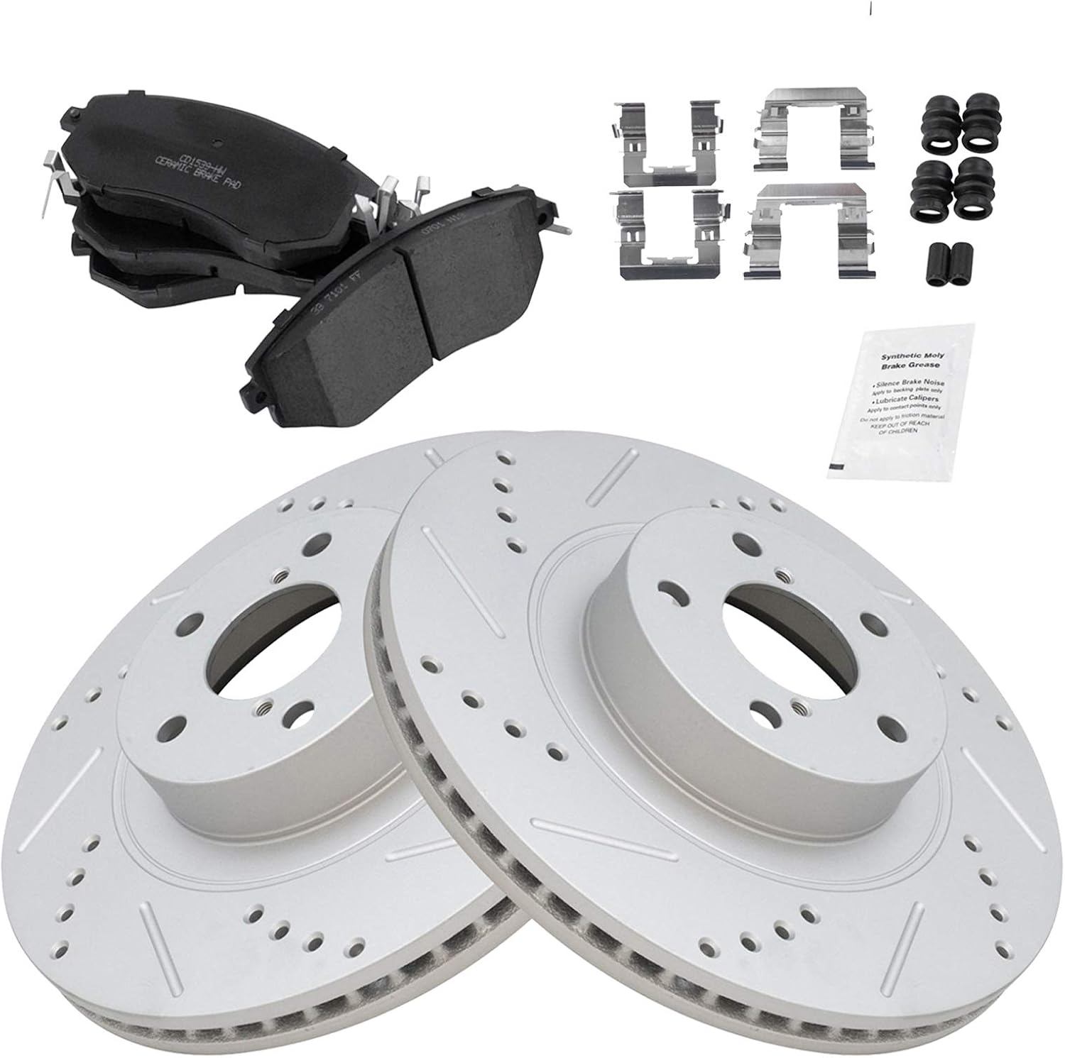 TRQ Performance Front Ceramic Brake Pad and Rotor Set Drilled Slotted Coated Compatible with 14-18 Subaru Forester 2.5i 11-14 Subaru Impreza WRX 13-14 Outback 2.5i 13-14 Legacy 2.5i