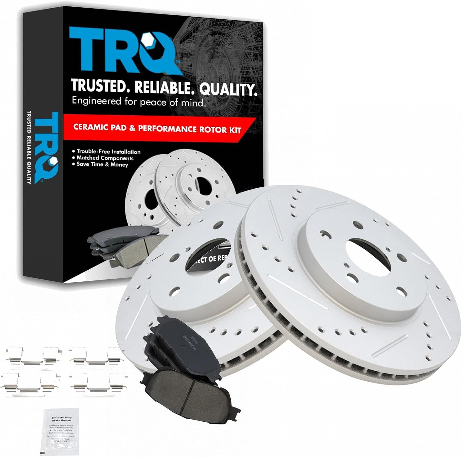TRQ Performance Front Brake Pad and Rotor Set Ceramic Drilled Slotted Coated Vented Rotors Compatible with 02-03 Lexus ES300 04-10 Toyota Sienna 05-07 Avalon 05-06 Camry 04-08 Solara