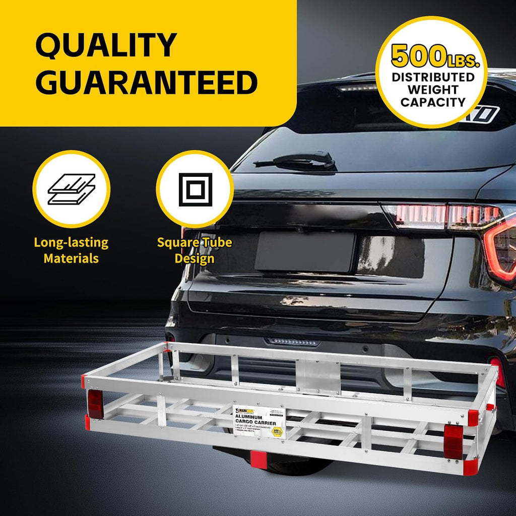 MaxxHaul 70108 Aluminum Cargo Carrier With High Side Rails- Trailer Hitch Mount For RV's, Trucks, SUV's, Vans, Cars With 2' Hitch Receiver - 500-lb Load Capacity, Grey, 49' x 22.5'