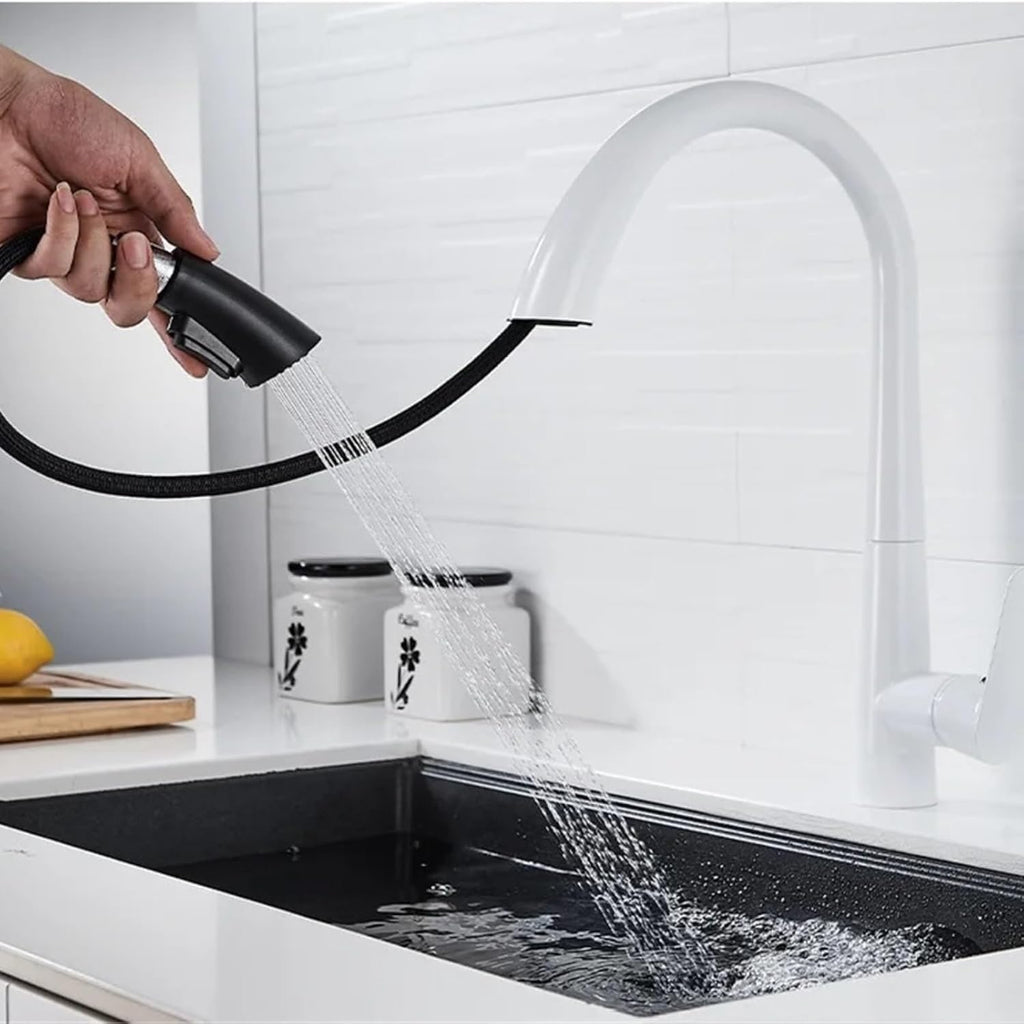 Kitchen Faucet Pull Out Tap Household Sink Washbasin Cold and Hot Water Mixer(White)