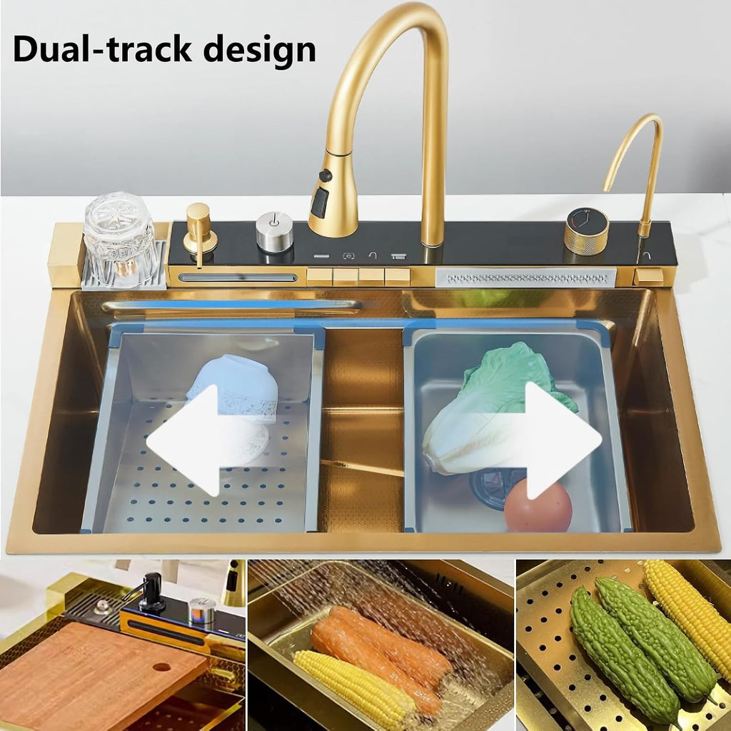 Kitchen Sink Deluxe Smart Waterfall Kitchen Sink Modern Multifunctional Stainless Steel Sink Utility Farmhouse Sink With integrated faucet, cup washer, soap dispenser included (Gold, 31.5 * 18in)