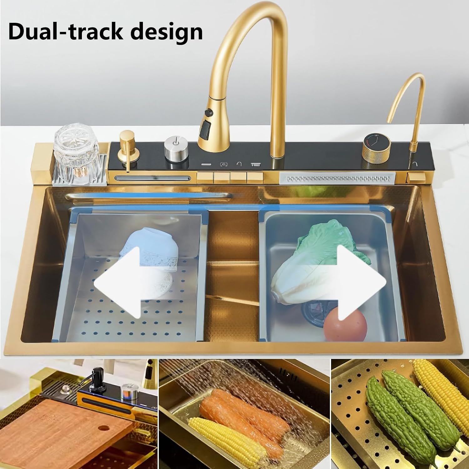 Kitchen Sink Deluxe Smart Waterfall Kitchen Sink Modern Multifunctional Stainless Steel Sink Utility Farmhouse Sink With integrated faucet, cup washer, soap dispenser included (Gold, 31.5 * 18in)