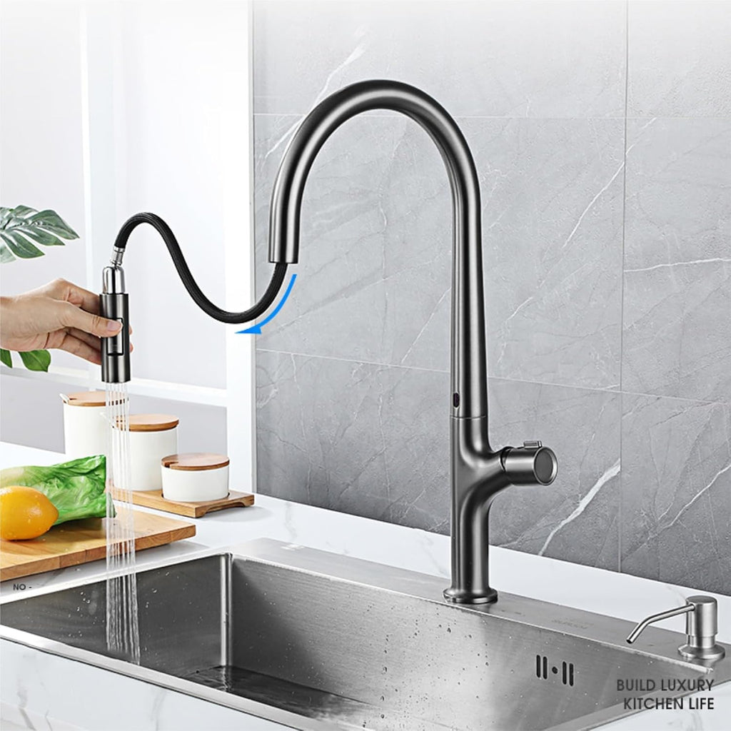 Modern Induction Brass Kitchen Faucet- Single Handle Flexible Control Cold and Hot Water 2 Function Sink Tap(Brushed Grey)