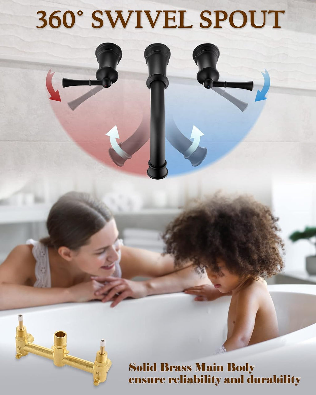 High Flow Wall Mount Tub Filler with Rough-in Valve, Wall Mount Tub Faucet, Brass Roman Bathtub Faucet 2 Handle with 360° Swivel Spout, Matte Black(B2306-BK)