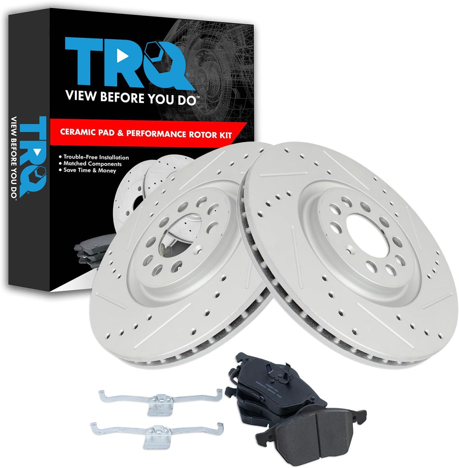 TRQ Performance Front Brake Pad and Rotor Set Ceramic Slotted Drilled G-Coated Compatible with 2000-2006 Audi TT 2000-2006 TT Quattro 2002-2003 Volkswagen Golf