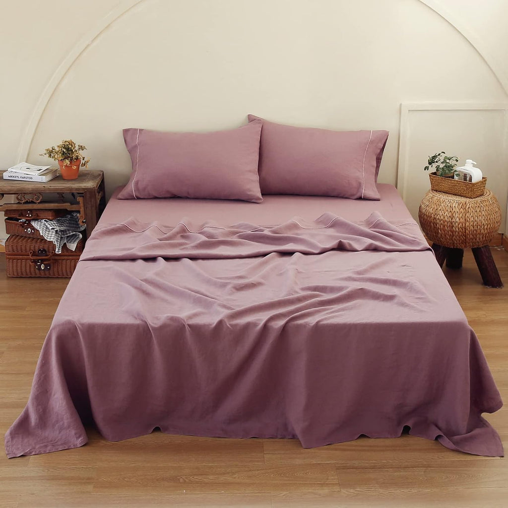 Simple&Opulence 100% Linen Sheet Set with Embroidery Washed - 4 Pieces (1 Flat Sheet & 1 Fitted Sheet & 2 Pillowcases) Natural Flax Soft Bedding Breathable Farmhouse - Purple, King Size