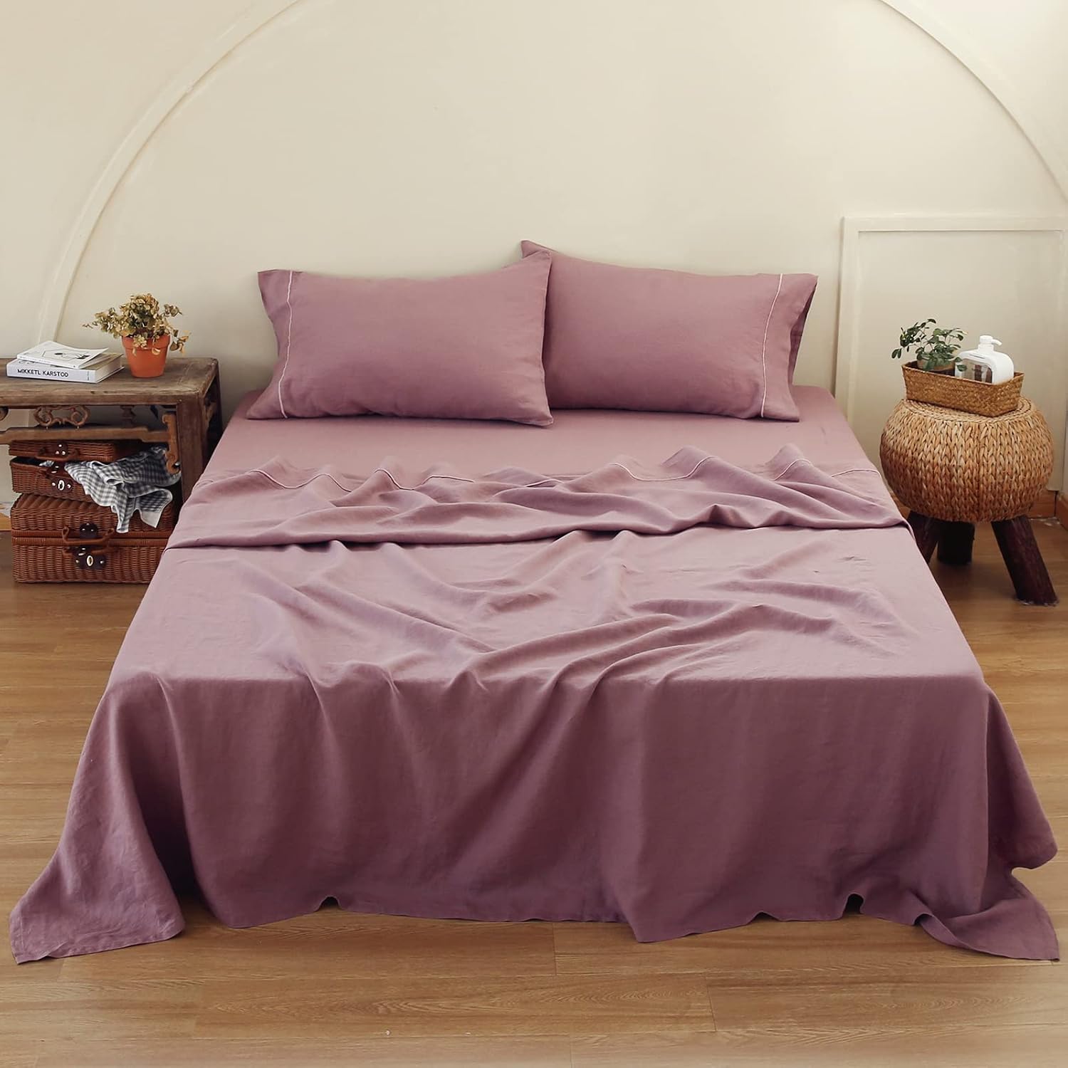 Simple&Opulence 100% Linen Sheet Set with Embroidery Washed - 4 Pieces (1 Flat Sheet & 1 Fitted Sheet & 2 Pillowcases) Natural Flax Soft Bedding Breathable Farmhouse - Purple, King Size