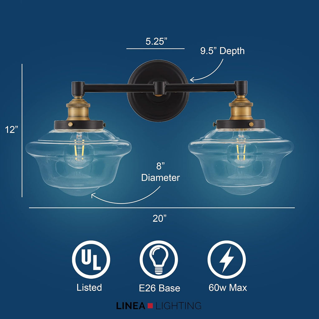 Linea di Liara Lavagna Farmhouse Matte Black Bathroom Light Fixtures Over Mirror Black and Gold 2-Light Bathroom Vanity Light Fixture Clear Glass Shades Modern Vanity Lights, Bulbs Included UL Listed