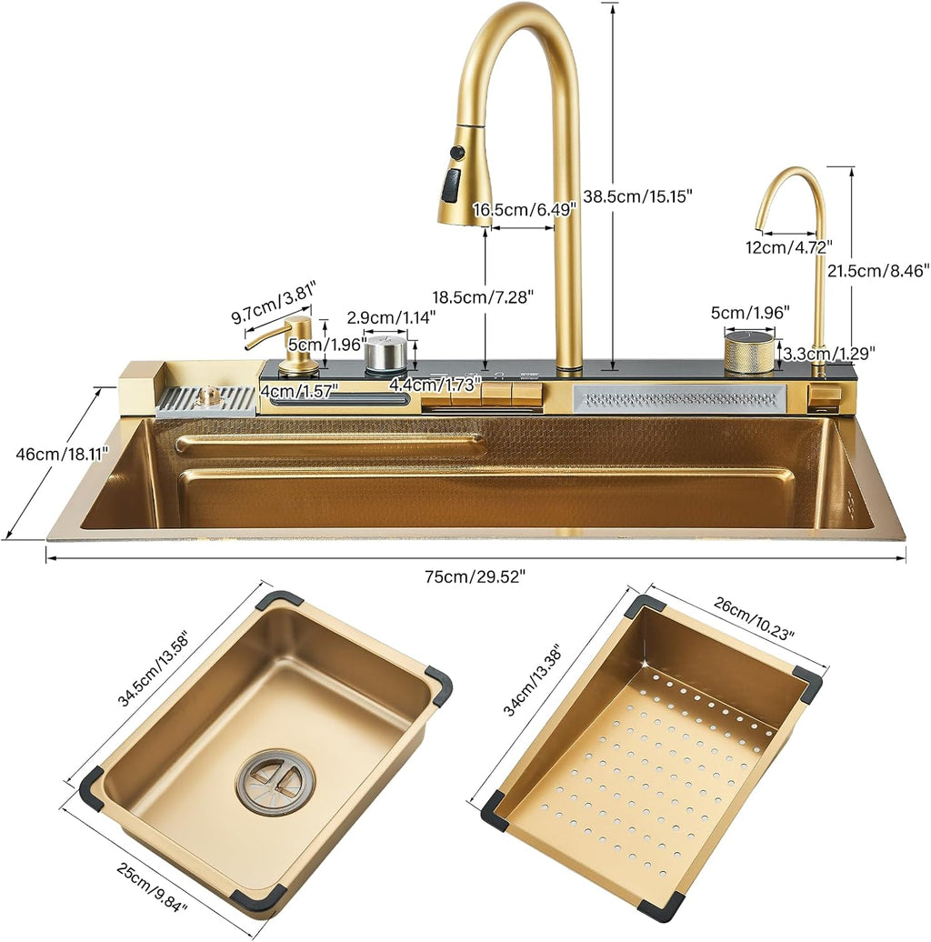 Brushed Gold Waterfall Kitchen Sink Stainless Steel Single Bowl Drop In Sink with Pull-Out Faucet Kitchen Sink Workstation with Cup Washer, Soap Dispenser, Water Filter Tap (29.52'X18.11')