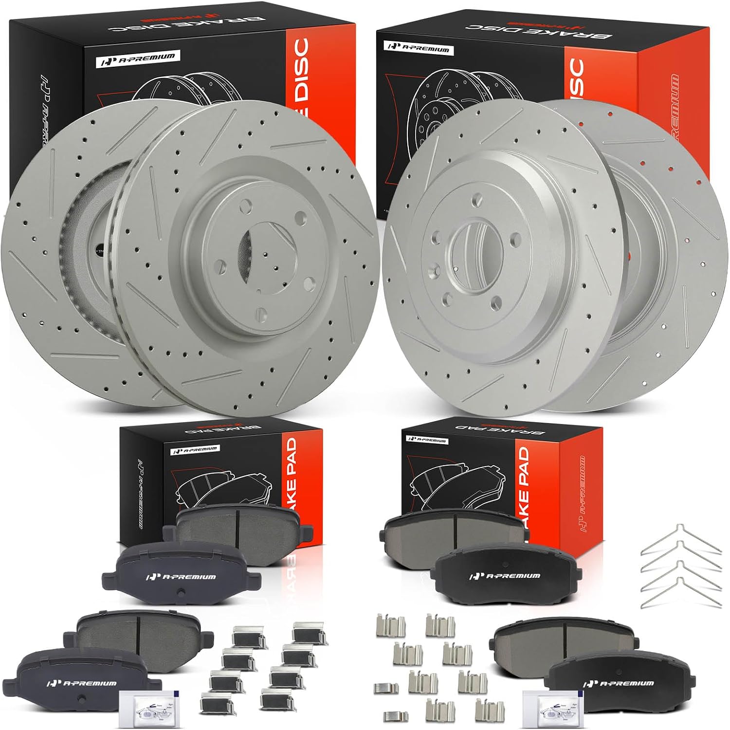 A-Premium Front and Rear Drilled and Slotted Disc Brake Rotors + Ceramic Pads Kit Compatible with Select Ford and Lincoln Models - Edge 2011-2014, MKX 2011-2015, 12-PC Set