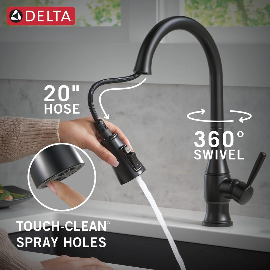 Delta Hazelwood Matte Black Kitchen Faucet with Pull Down Sprayer and Soap Dispenser, Modern Single Hole Kitchen Sink Faucet, Single Handle, Matte Black 19831Z-BLSD-DST