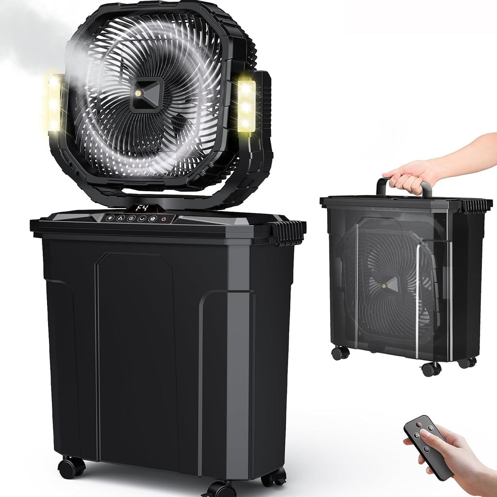 Ausic 5 Gal 12' Portable Misting Fan for Outside Patios, 30000mAh Outdoor Rechargeable Battery Oscillating Fan with Remote, Cooling Dugout Water Fan with Caster/LED Light/Timer, Camping Essential