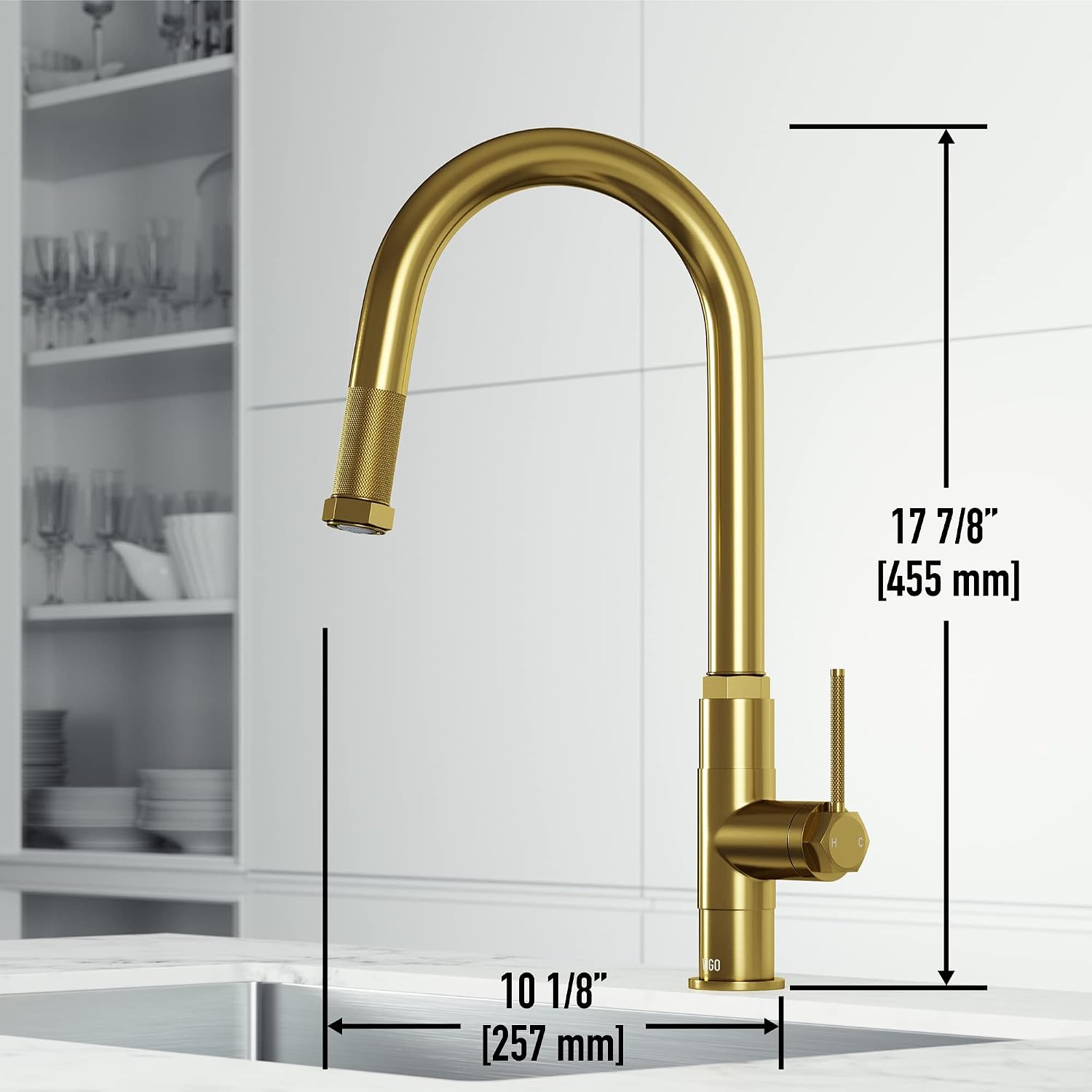 VIGO Hart Arched 18'' H Single Handle Pull-Down Spout Kitchen Faucet in Matte Brushed Gold-VG02035MG