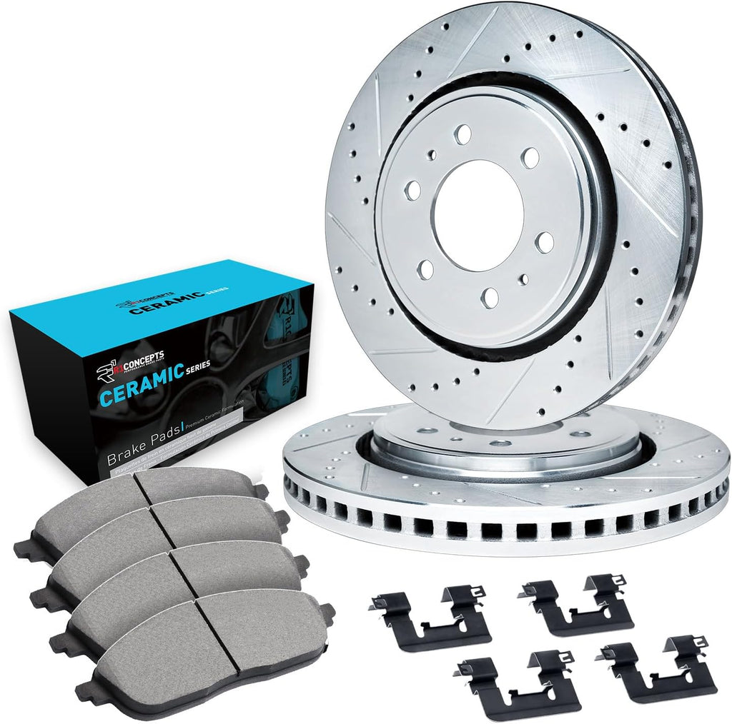 R1 Concepts Front Brake Kit Fits 1995-2002 Toyota 4Runner; 1995-2004 Toyota Tacoma| Ceramic Pads, Drilled Slotted Rotors| Hardware| 11.7' Front