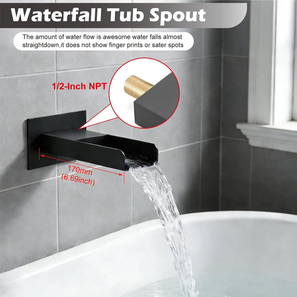 Midanya Rain Shower System Tub Shower Faucet Set Square Rainfall Waterfall Shower Head with Handheld Sprayer Tub Spout Combo Wall Mounted bathtub faucet set Rough-in Valve, 12 Inch Matte Black