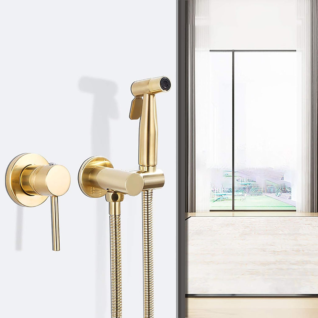 Handheld Bidet Sprayer for Toilet, Brushed Gold Wall Mounted Bathroom Cloth Diaper Set with Cold and Hot Water, Brass Kit for Personal Hygiene
