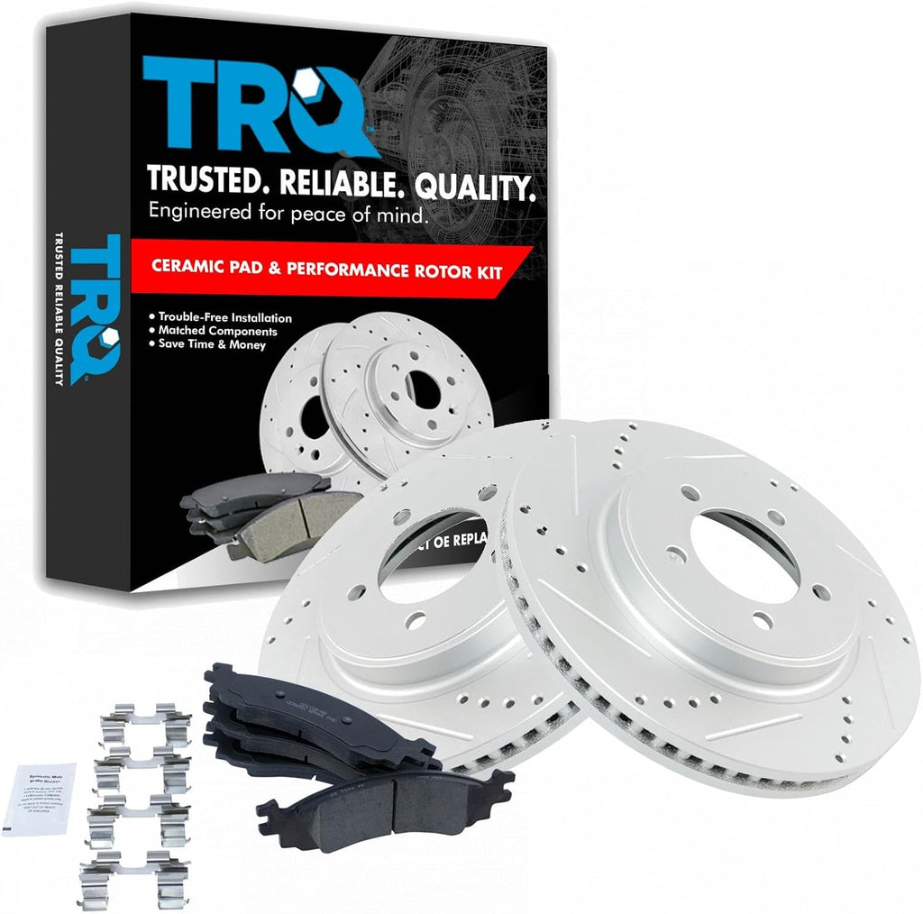 TRQ Performance Front Brake Pad and Rotor Set Ceramic Coated Drilled Slotted Vented Rotors Compatible with 2006-2010 Ford Explorer Mercury Mountaineer 2007-2010 Explorer Sport Trac