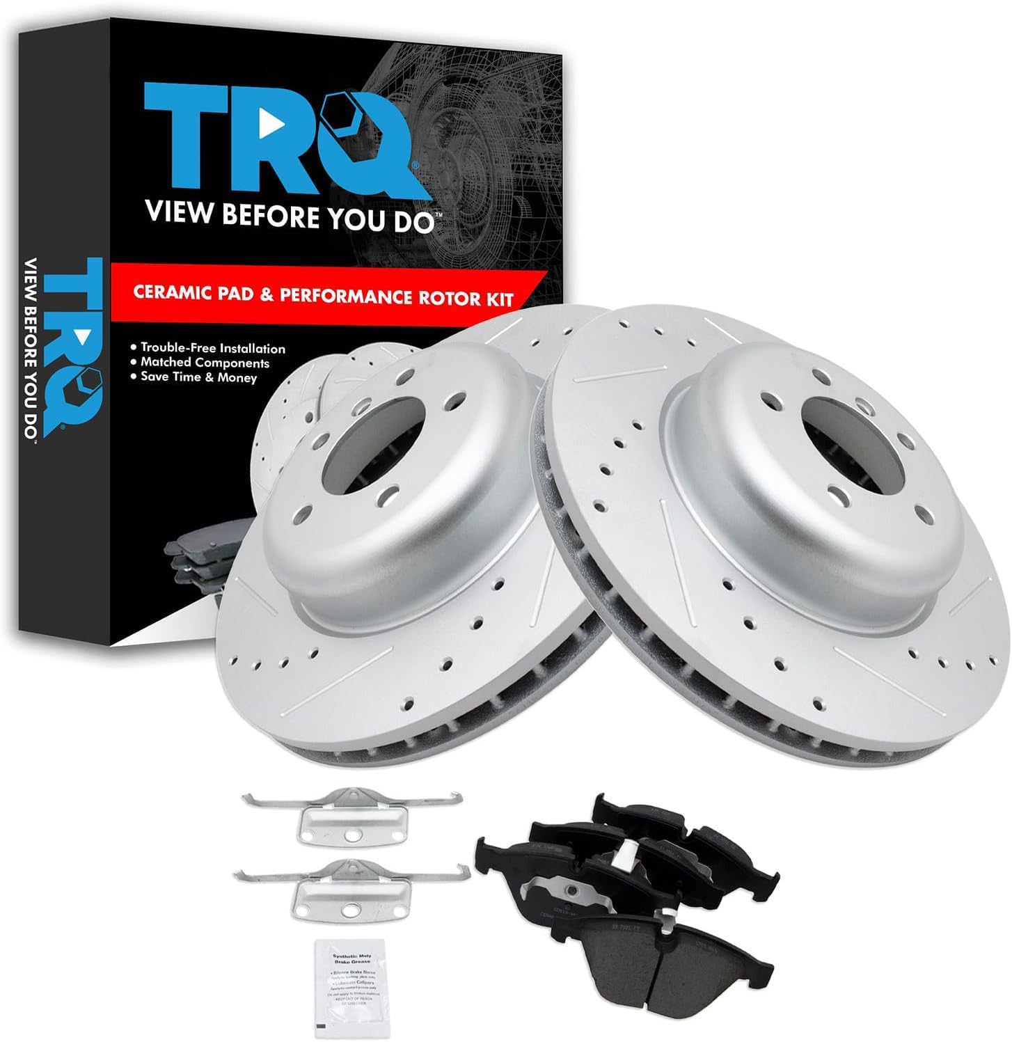 TRQ Performance Front Brake Pad and Rotor Set Ceramic G Coated Drilled Slotted Rotors Compatible with 2008-2010 BMW 535i 2004-2005 545i 2006-2010 550i 645Ci 650i