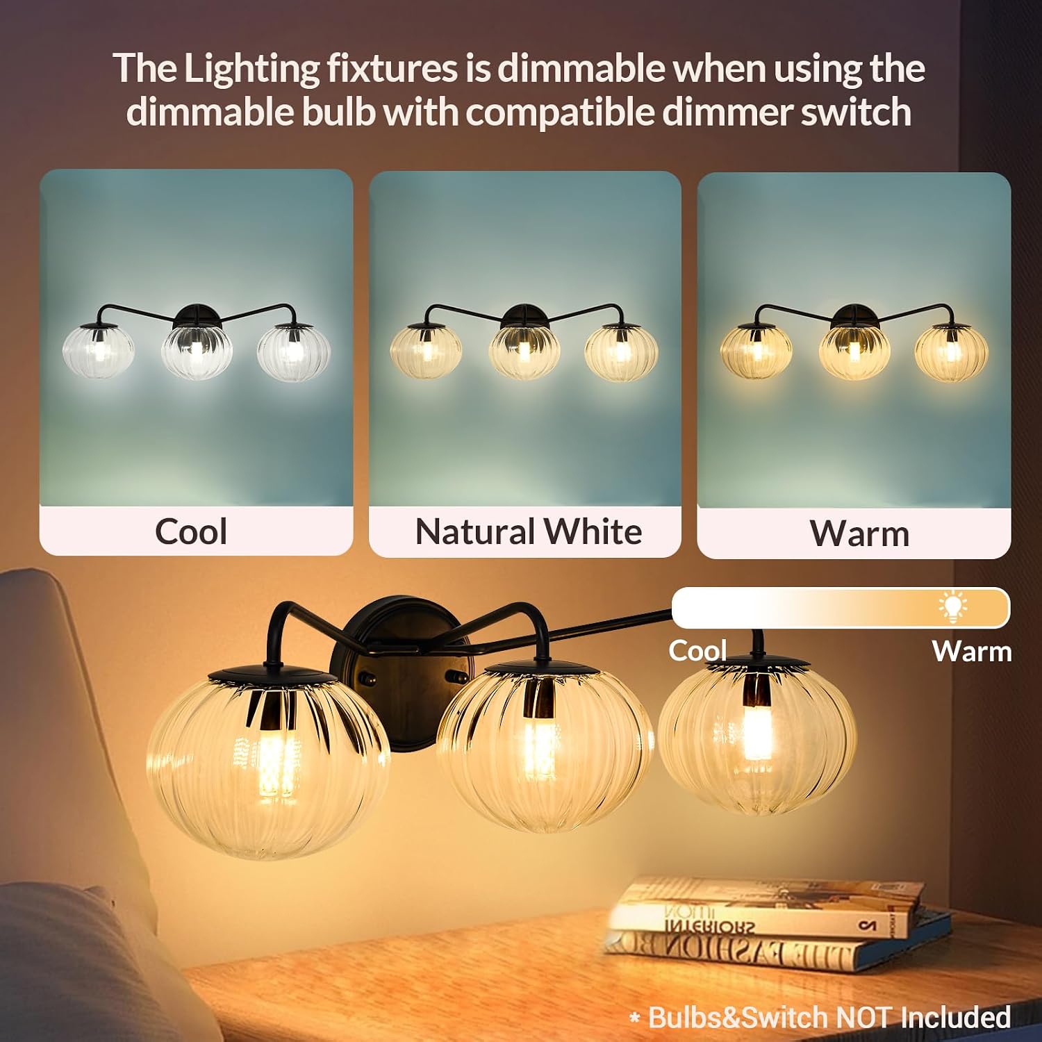 ANDY STAR Black Vanity Lights, 3 Light Bathroom Light Fixtures with Clear Pumpkin-Ribbed Glass Globe Shade, Classic Matte Black Striped Wall Lights for Over Mirror, G9 Base (No Bulbs)