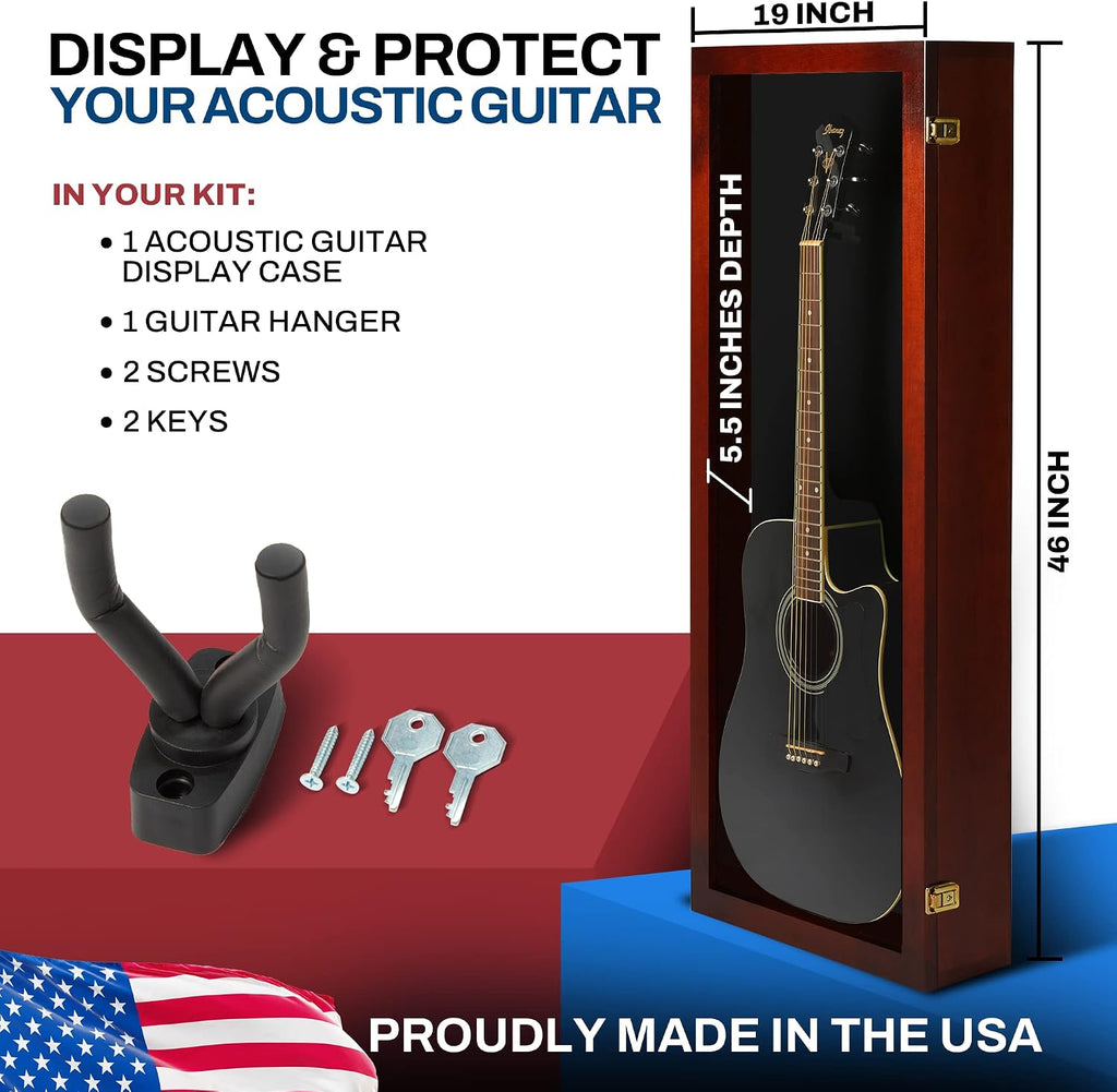 PENNZONI Acoustic Guitar Display Case - Acrylic Acoustic Guitar Case - Guitar Display Case Wall Mount Made from Hardwood Frame & Clear Acrylic - Cherry w/ Black Felt