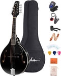ADM Acoustic Mandolin Instrument Kit Music A Style for Kids Students Adults Wood Mandolins Beginner Set With Bag, Tuner, Pick-up, Strap, Strings, Picks and Hanger, Drak Black