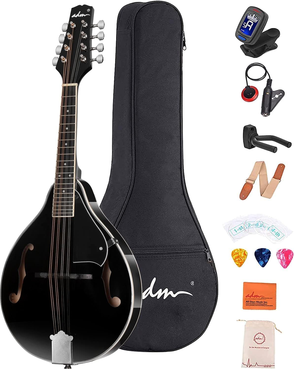 ADM Acoustic Mandolin Instrument Kit Music A Style for Kids Students Adults Wood Mandolins Beginner Set With Bag, Tuner, Pick-up, Strap, Strings, Picks and Hanger, Drak Black