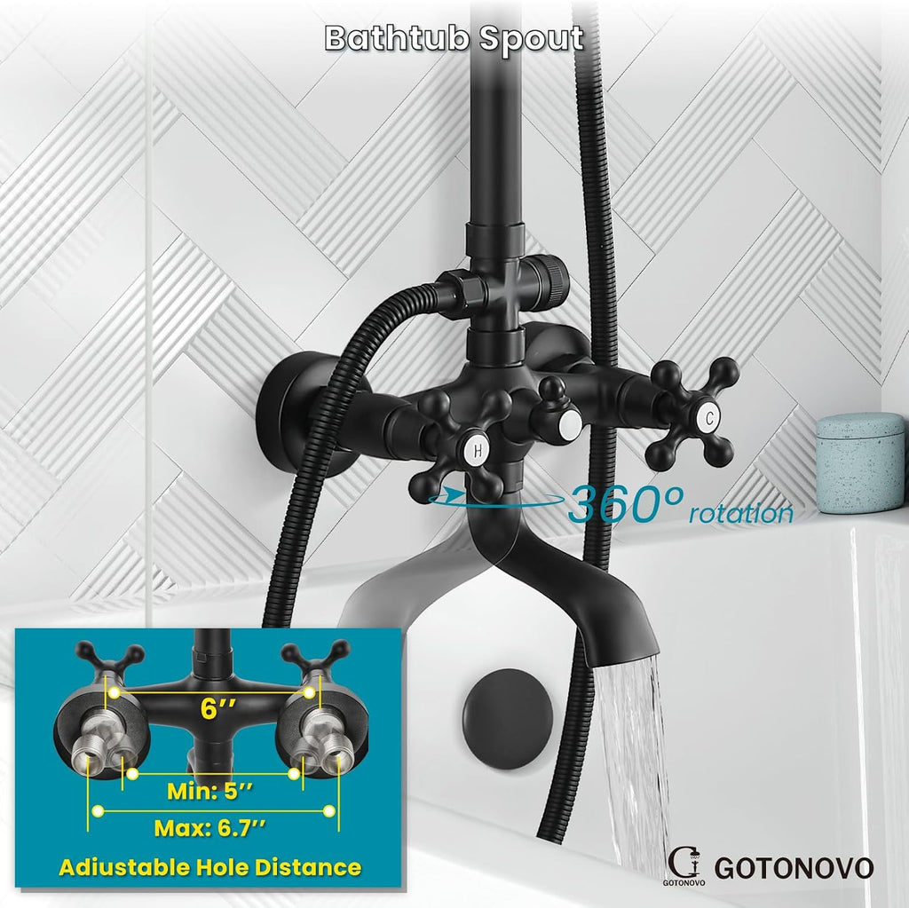 gotonovo Exposed Shower Faucet Set 8 Inch Rainfall Showerhead 3-Function Shower Fixture with Tub Spout 2 Corss Handles Shower System, Matte Black