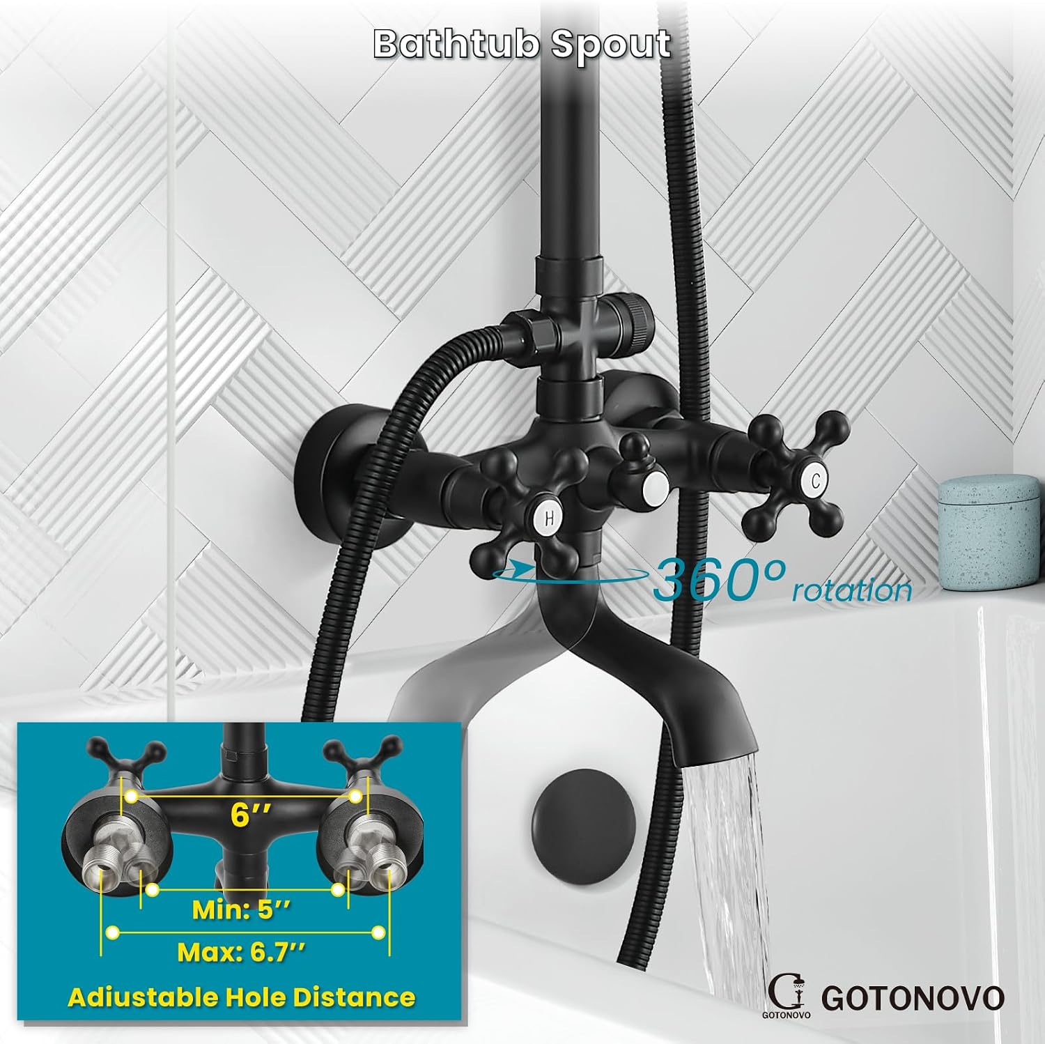 gotonovo Exposed Shower Faucet Set 8 Inch Rainfall Showerhead 3-Function Shower Fixture with Tub Spout 2 Corss Handles Shower System, Matte Black