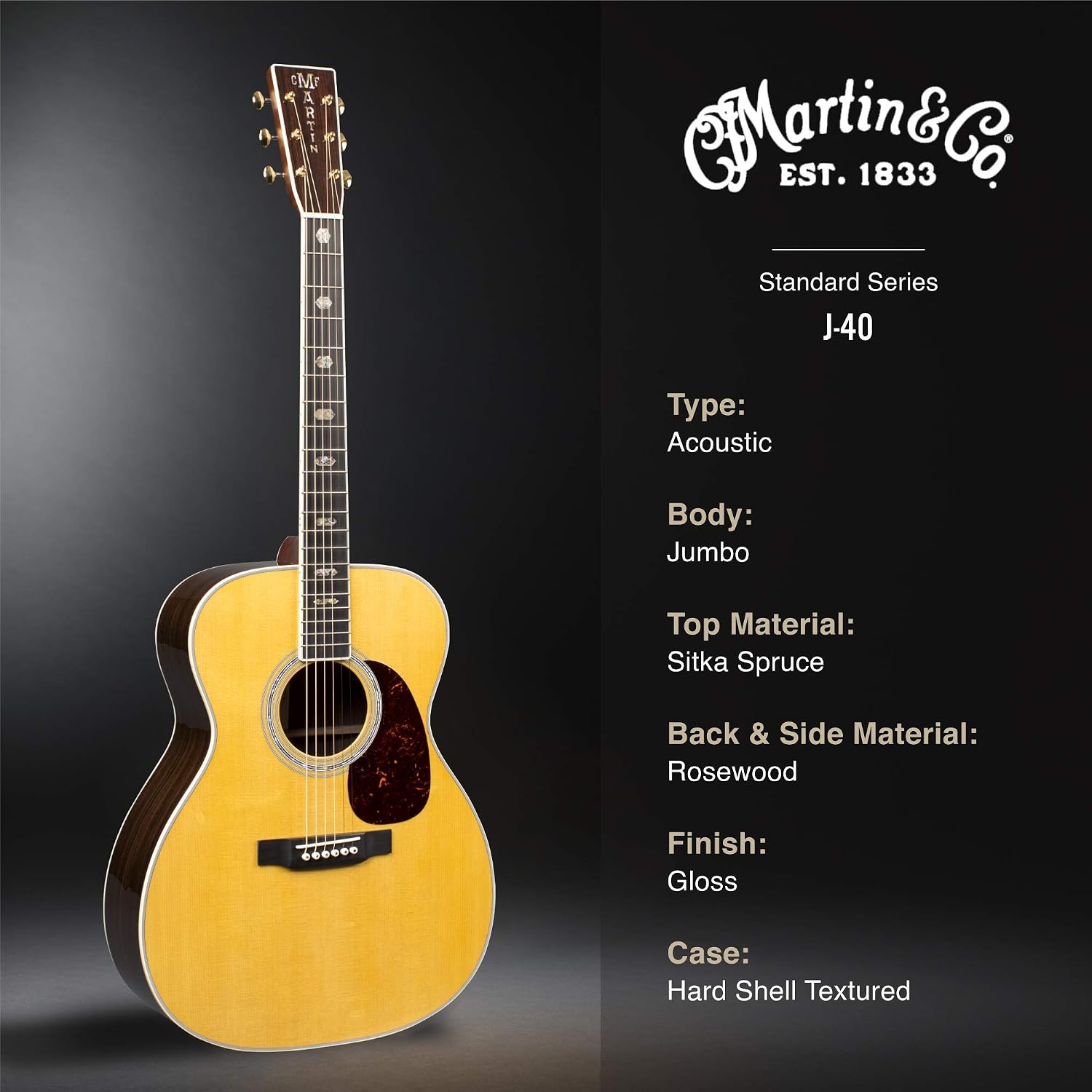 Martin Guitar Standard Series Acoustic Guitars, Hand-Built Martin Guitars with Authentic Wood J-40