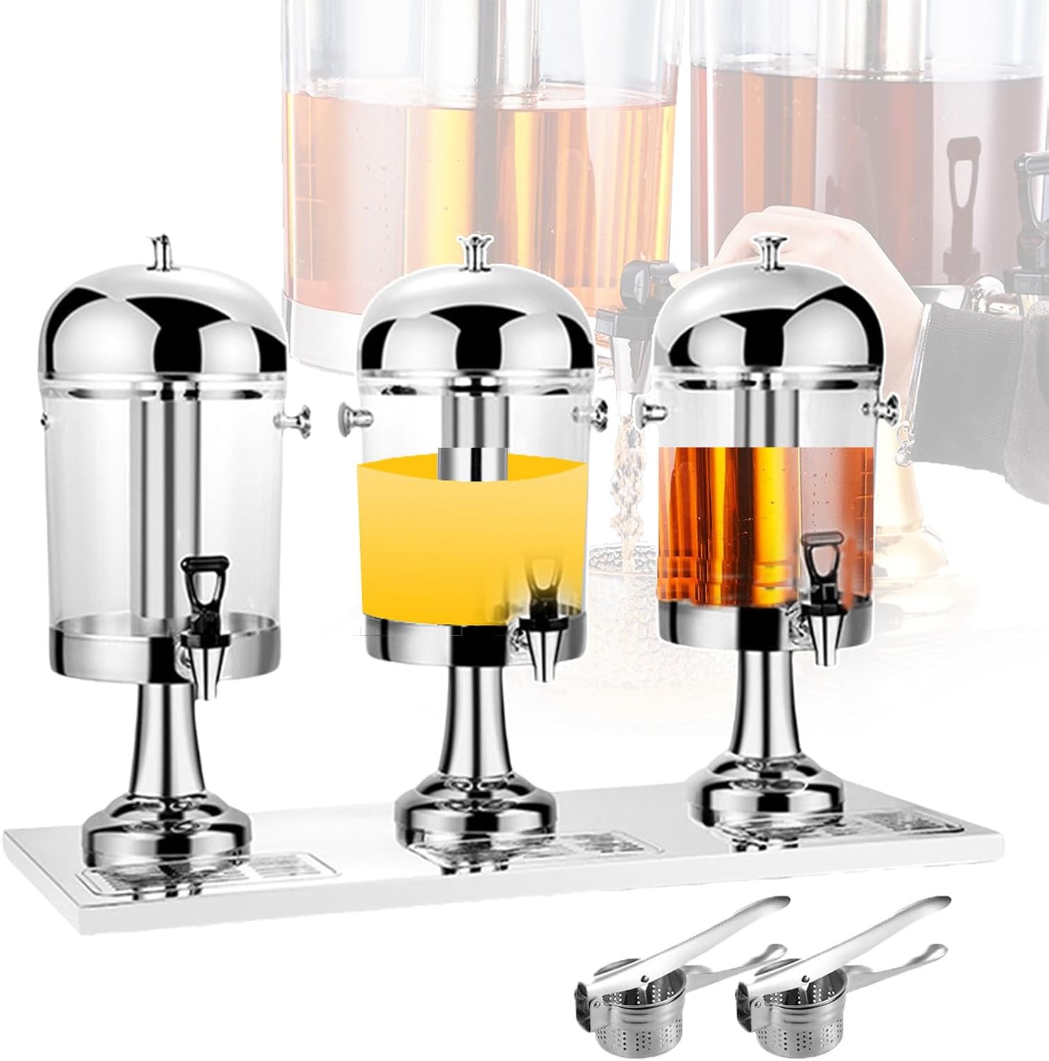 24L Commercial Beverage Juice Dispenser | Cold & Warm Drink Dispenser with Tap | Chillers & Water Fountains Three Head Juice Dispensers for Flower Tea, Soy Milk，Silver
