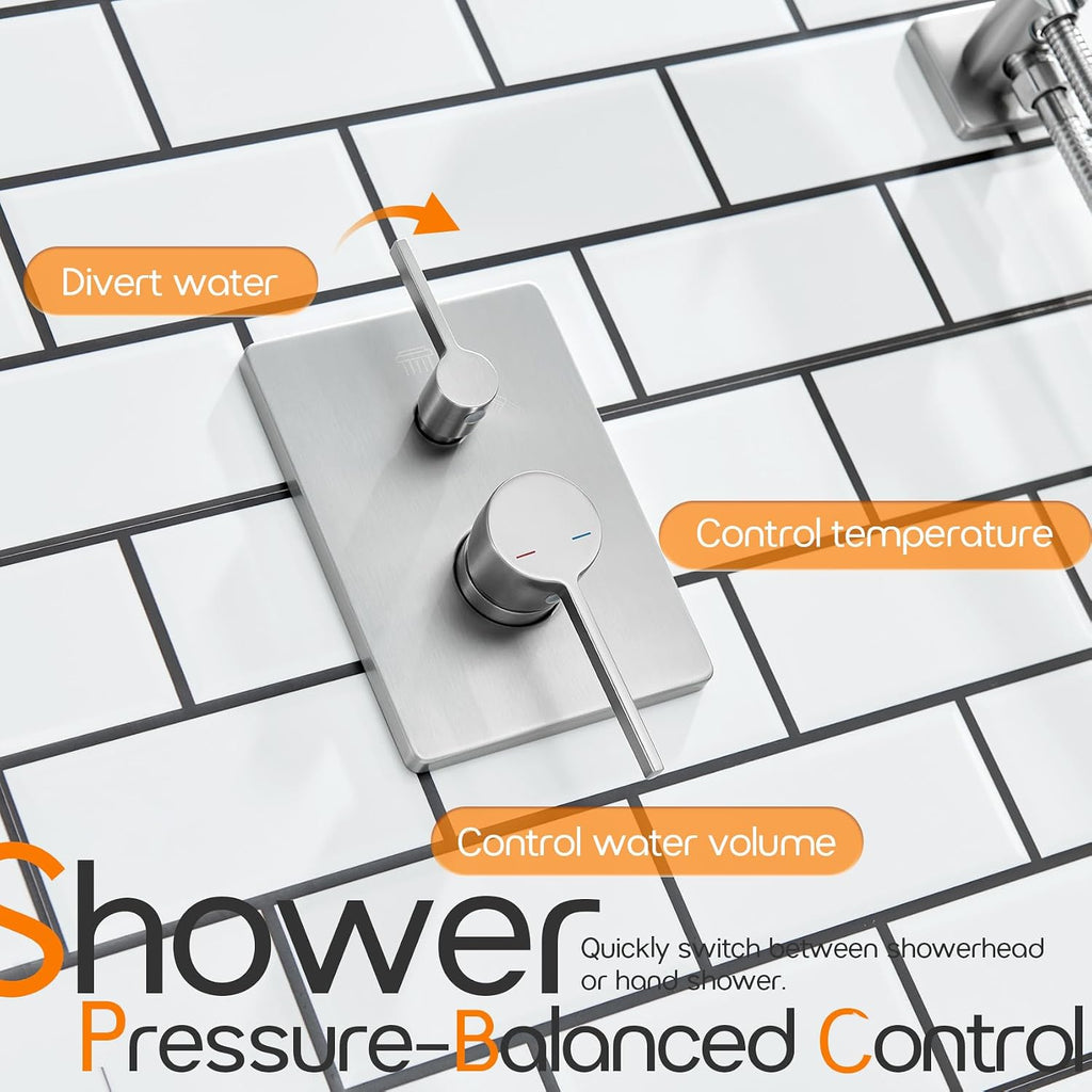 Shower Faucet Mixer Set Includes 10-Inch Rained Shower Head, 3-Setting Handheld Spray and Pressure Balance Valve Wall Mounted Brushed Nickel SF001BR-D10