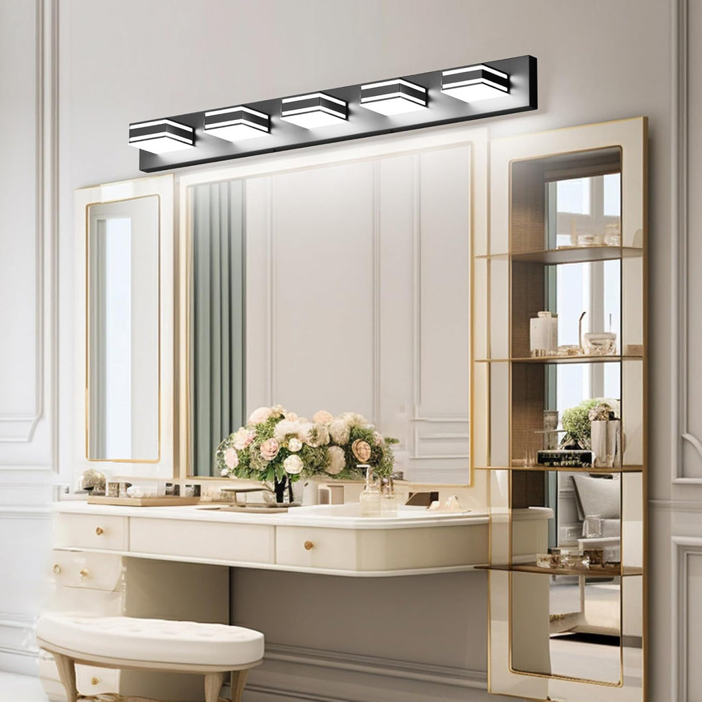 Ralbay Black Vanity Light Fixtures 40.5inch 5-Light Acrylic Modern LED Matte Black Bathroom Wall Vanity Lighting Fixtures Over Mirror
