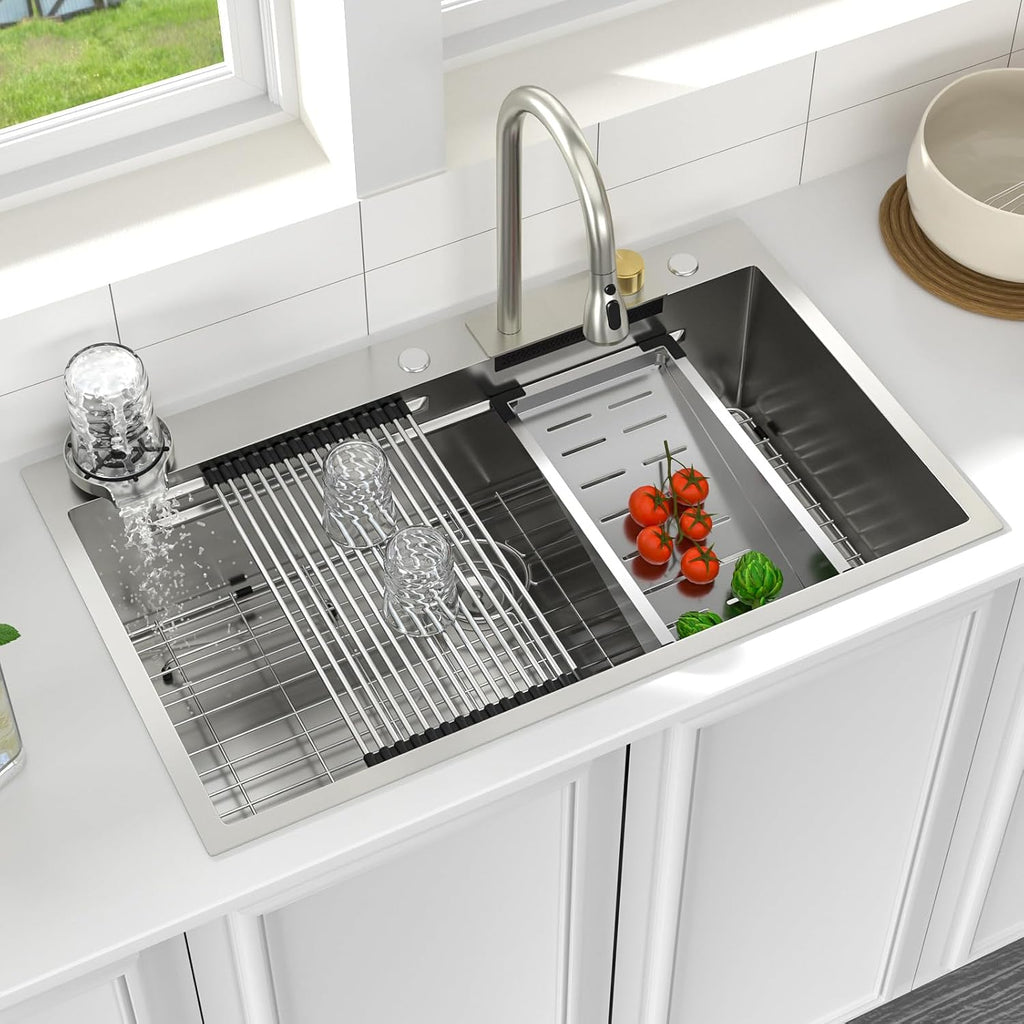 Logmey 36x22 Drop in Waterfall Sink Nano PVD All in One Workstation Sinks with Temperature Control Knob,16 Gauge Stainless Steel,Ideal for Home Cooking,Cleaning & Daily Kitchen Use,Double Step,5 Hole