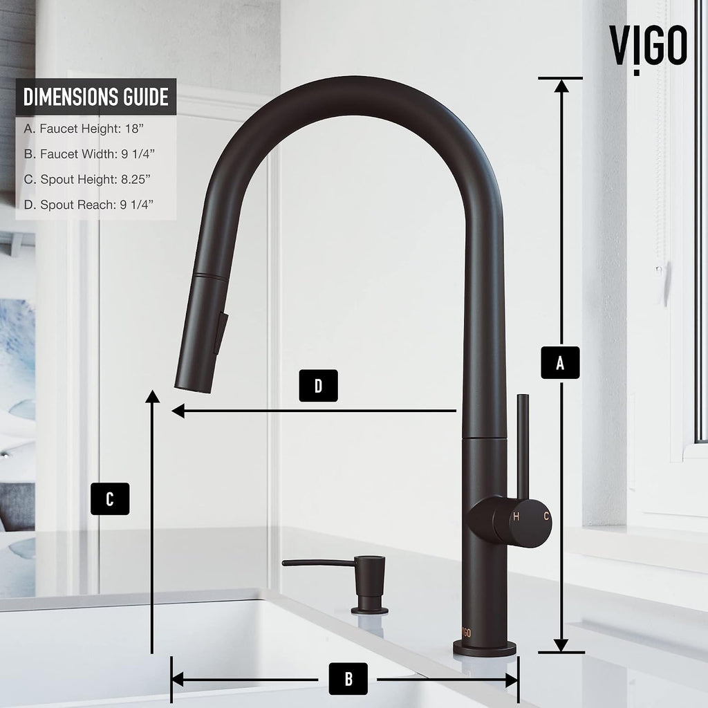 VIGO Greenwich 18'' H Single Handle Pull-Down Sprayer Kitchen Faucet Set with Soap Dispenser in Matte Black-VG02029MBK2