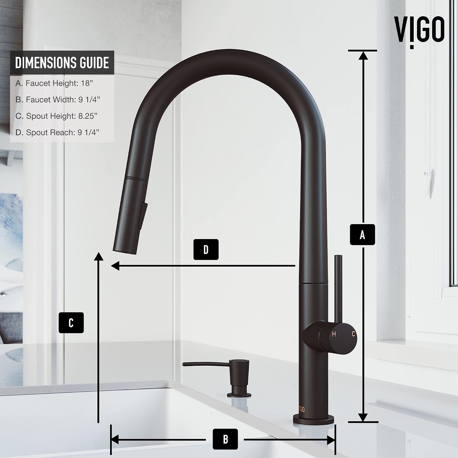 VIGO Greenwich 18'' H Single Handle Pull-Down Sprayer Kitchen Faucet Set with Soap Dispenser in Matte Black-VG02029MBK2