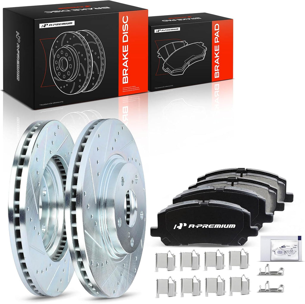 A-Premium 12.56 inch (319mm) Front Drilled and Slotted Disc Brake Rotors + Ceramic Pads Kit Compatible with Select Toyota Models - Highlander 2001 2002 2003 2004 2005 2006 2007, 6-PC Set
