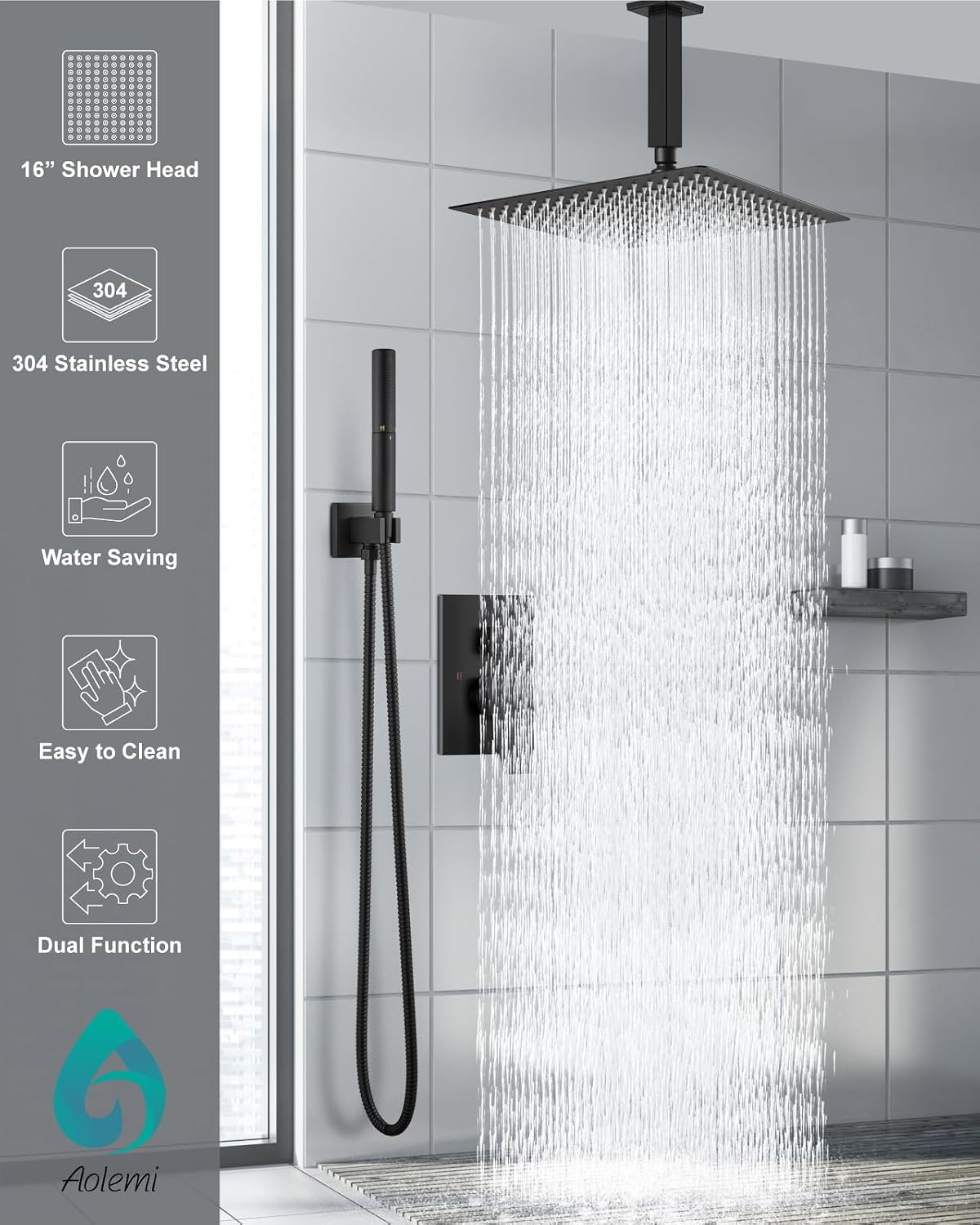 Aolemi Ceiling Mount Shower Faucet Set,Shower System Rain Showerhead and Handheld Spray Combo High-Pressure Showerheads Set with Valve and Trim Kit Rough-in Valve,16 Inch Matte Black