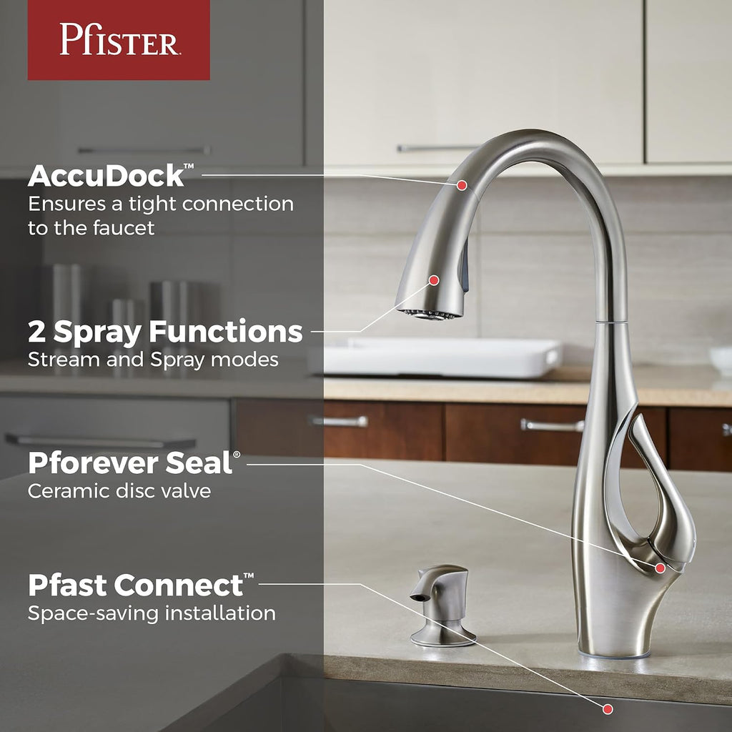 Pfister Indira Kitchen Sink Faucet with Pull Down Sprayer and Soap Dispenser Single Handle High Arc Spot Defense Stainless Steel Water-Efficient AccuDock F5297NDGS