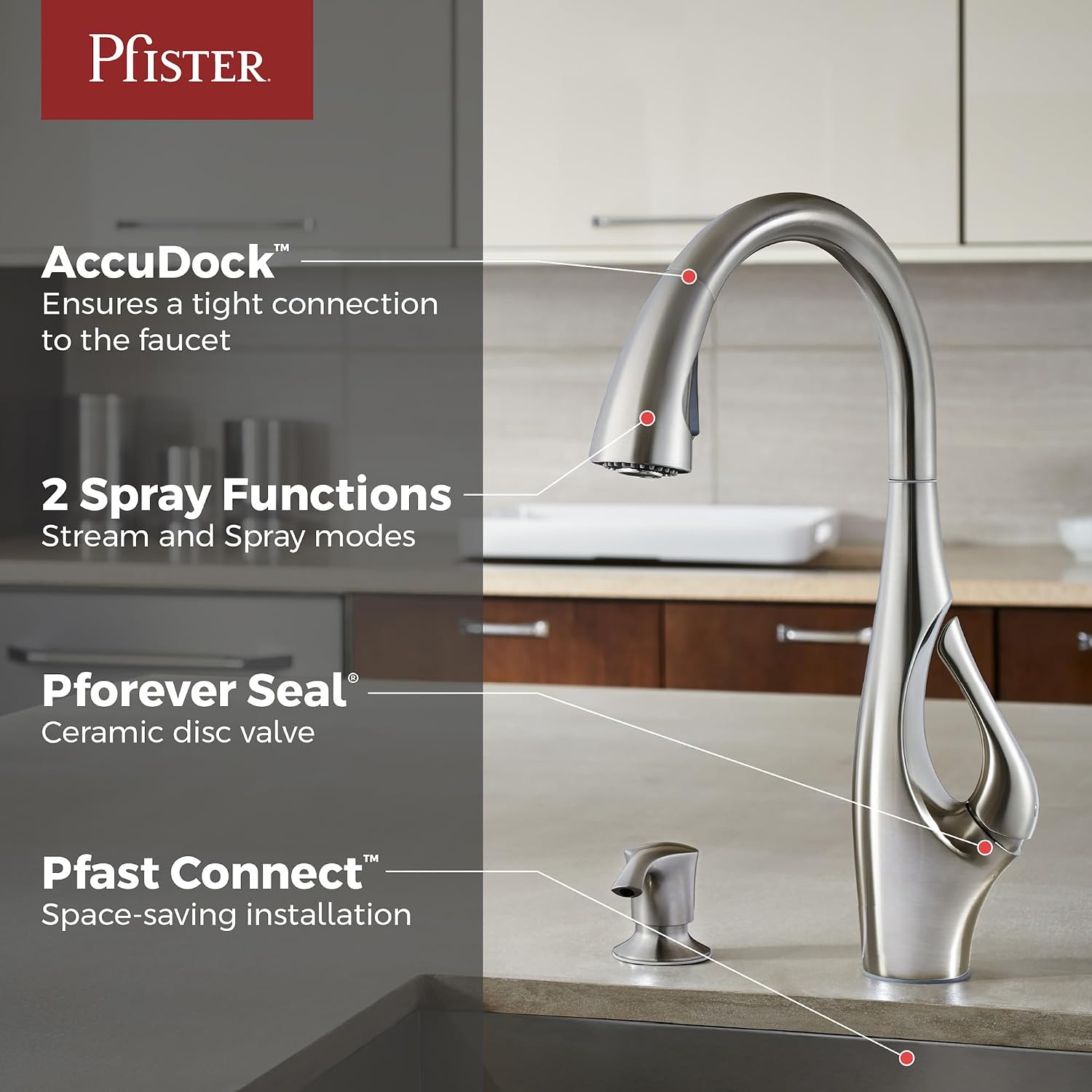 Pfister Indira Kitchen Sink Faucet with Pull Down Sprayer and Soap Dispenser Single Handle High Arc Spot Defense Stainless Steel Water-Efficient AccuDock F5297NDGS
