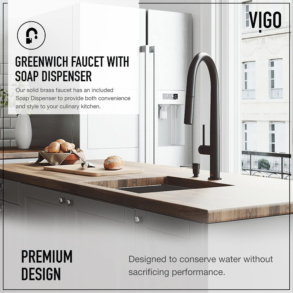 VIGO Greenwich 18'' H Single Handle Pull-Down Sprayer Kitchen Faucet Set with Soap Dispenser in Matte Black-VG02029MBK2