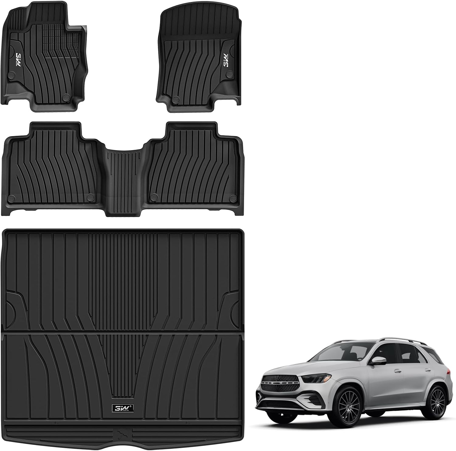 3W Floor Mats & Cargo Liner for Mercedes Benz GLE 2020-2026 350/450/53 AMG (Fit 5 Seats, Not for Coupe), TPE All Weather Protection Anti-Slip Car Full Set Floor Liners Custom Accessories