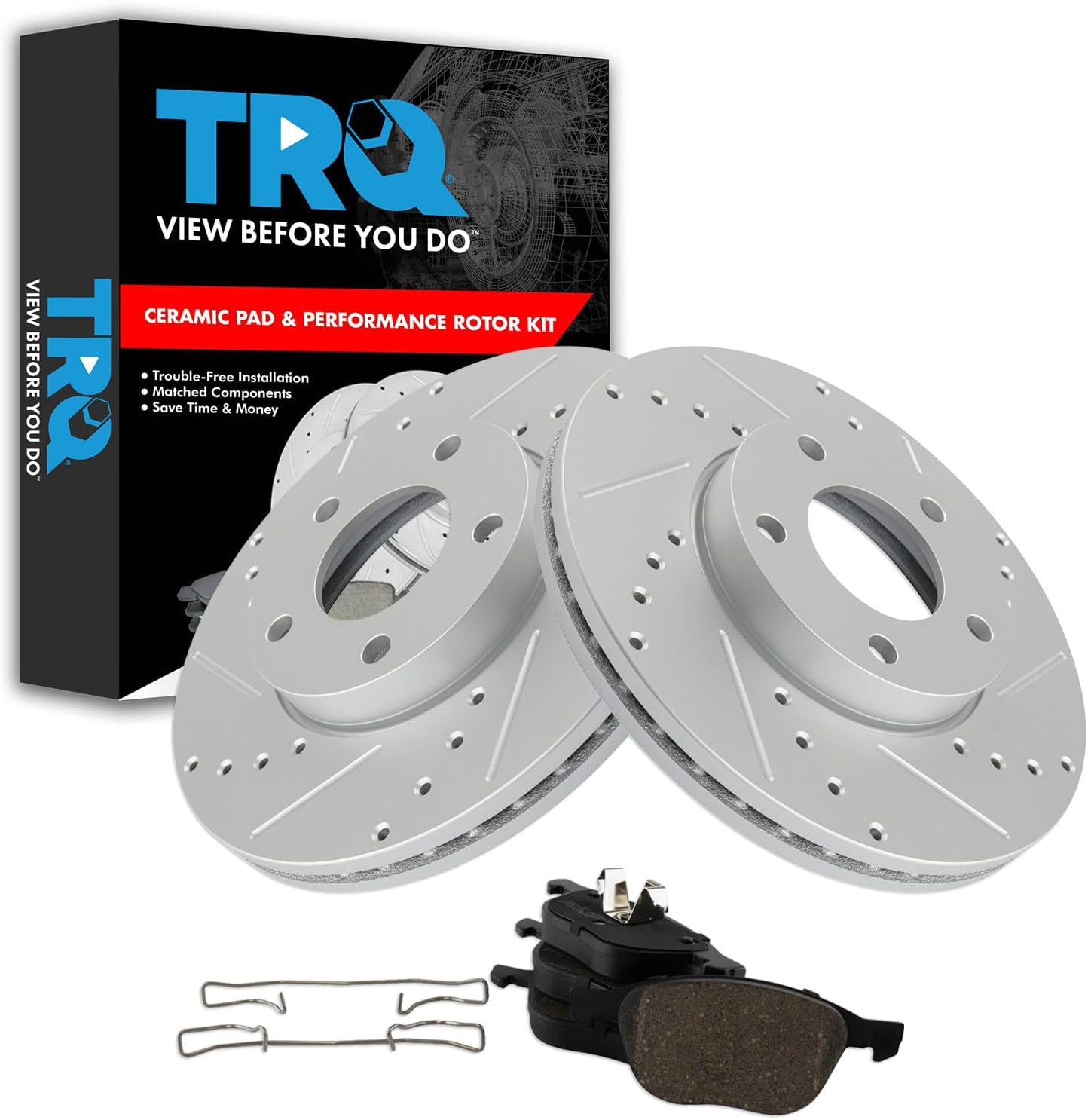 TRQ Performance Front Brake Pad and Rotor Set Ceramic Coated Drilled Slotted Compatible with 2004-2013 Mazda 3