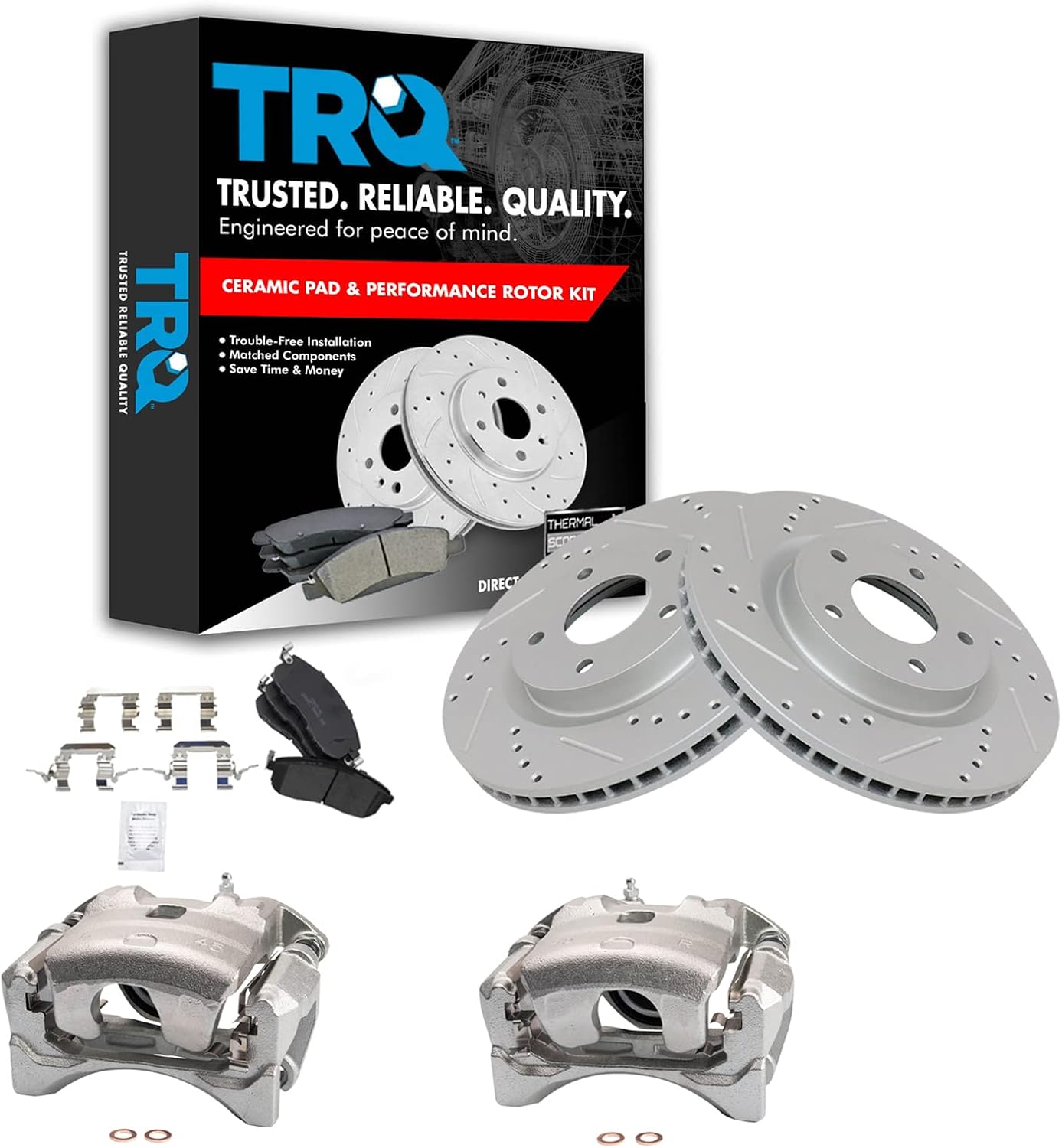 TRQ Performance Front Brake Pad and Rotor Set Ceramic Vented Coated Rotors Calipers Compatible with 2011-2012 Nissan Sentra SE-R