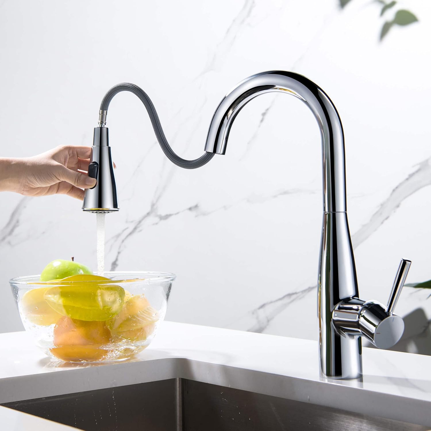 KIBI Bari Chrome Finish Single Handle Pull Down Kitchen and Bar Sink Faucet | Solid Brass High Arc Spout, 360 Degree Swivel, Durable Pull Down Sprayer with Dual Function (KKF2015CH)
