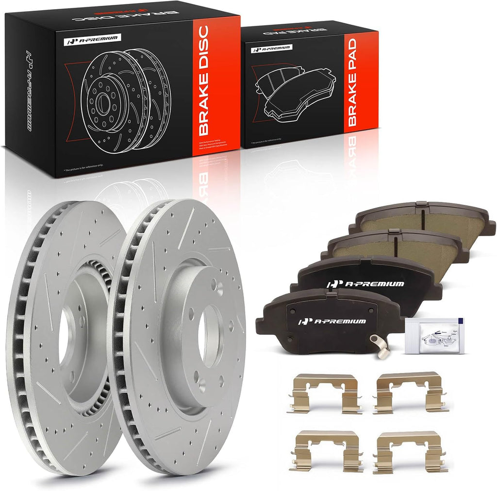 A-Premium 11.81 inch(300 mm) Front Drilled and Slotted Disc Brake Rotors + Ceramic Pads Kit Compatible with Select Hyundai and Kia Models - Optima 2011-2016, Sonata 2011-2015, 6-PC Set