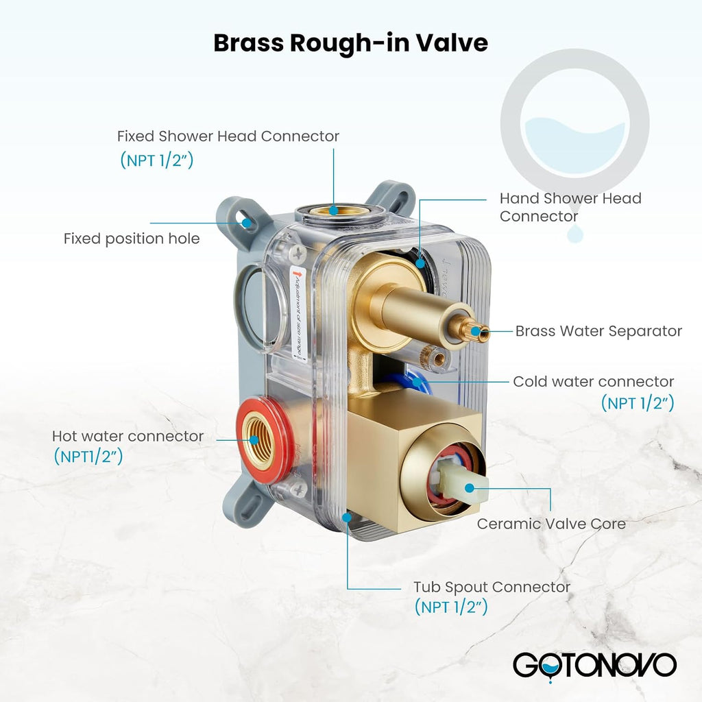 gotonovo 10'' Rain Shower Faucet System Rainfall Shower Head with Handheld Sprayer Waterfall Tub Spout Wall Mounted Mixer Combo Rough-in Valve and Trim Included 7.9 Inch Wide Spout Brushed Gold