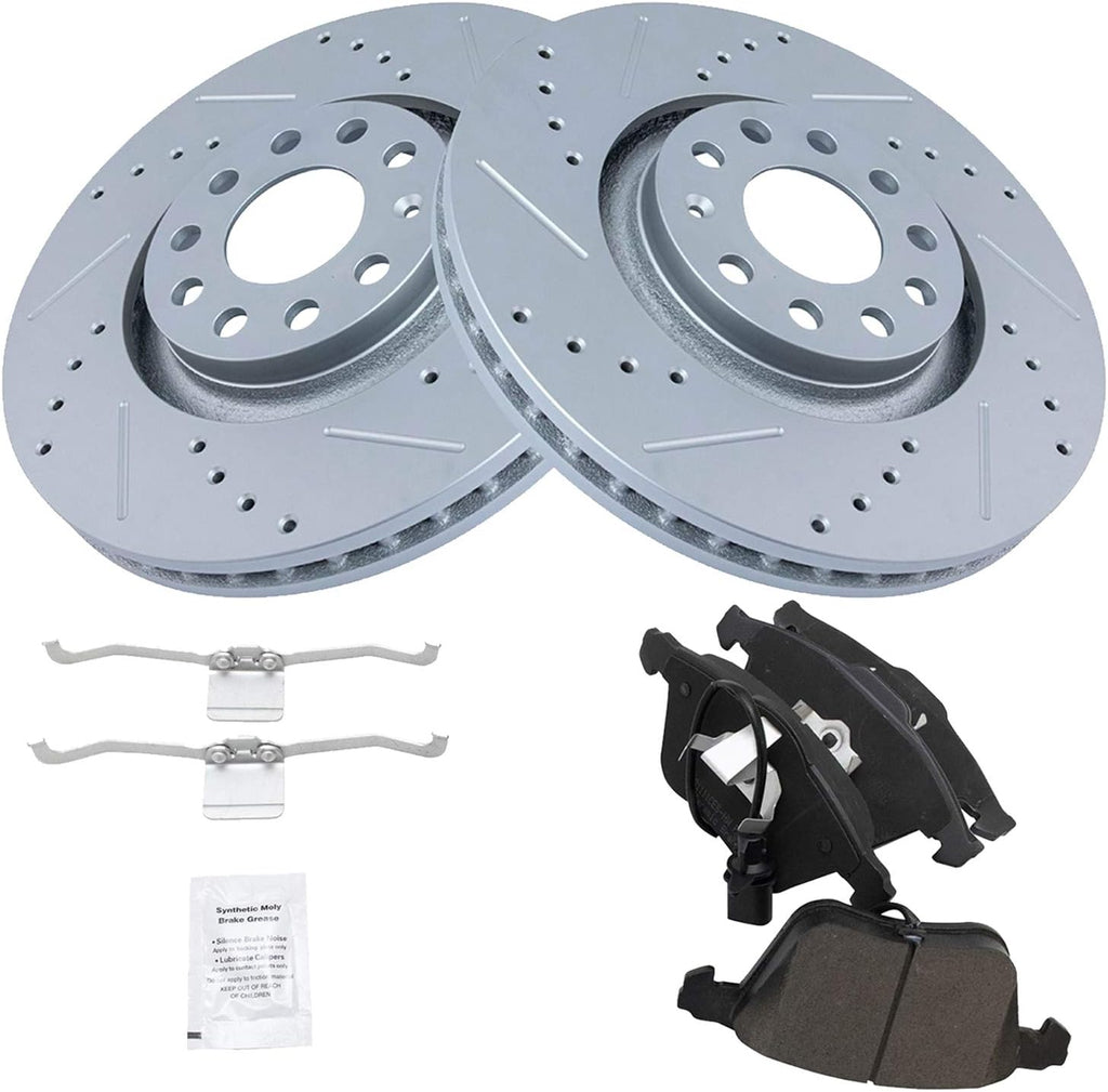 TRQ Performance Front Brake Pad and Rotor Set Ceramic Drilled Slotted G Coated Vented Rotors Compatible with 2005-2009 Audi A4 A4 Quattro