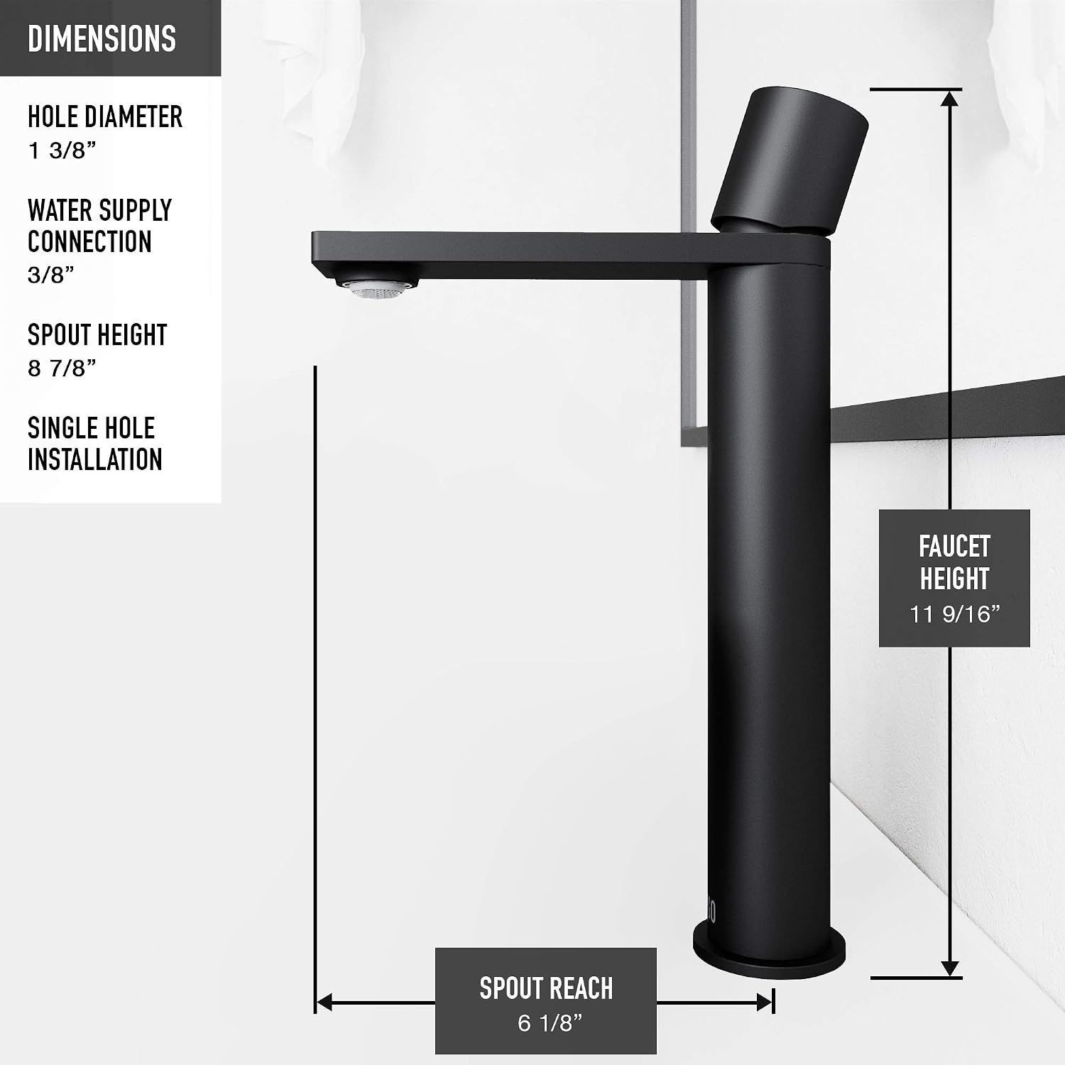 VIGO Gotham Single-Handle Single-Hole Mount Vessel Bathroom Sink Faucet, 12-Inch, Matte Black, Modern Design, Solid Brass, 1.2 GPM WaterSense & Ceramic Disc Valve, Corrosion-Resistant